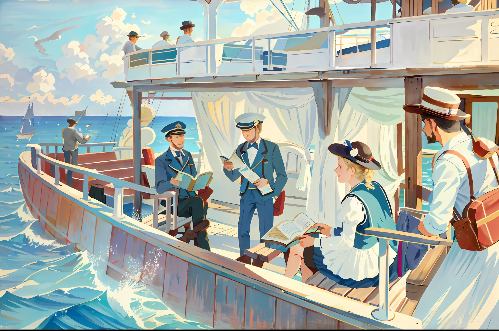 on one side of the decks of a ship,Ship，on a voyage ，People on the deck of a boat, Double deck，sea breeze，cloudy，On board，A wide variety of passengers，a gentry Miss is seated on a bench Reading a brochure,next her are gentlemen  taking pictures ，others in the prow are sightseeing ，Early 20th century, southern France, vacation of the working class, nostalgic, dreamy horizon, water splashing,