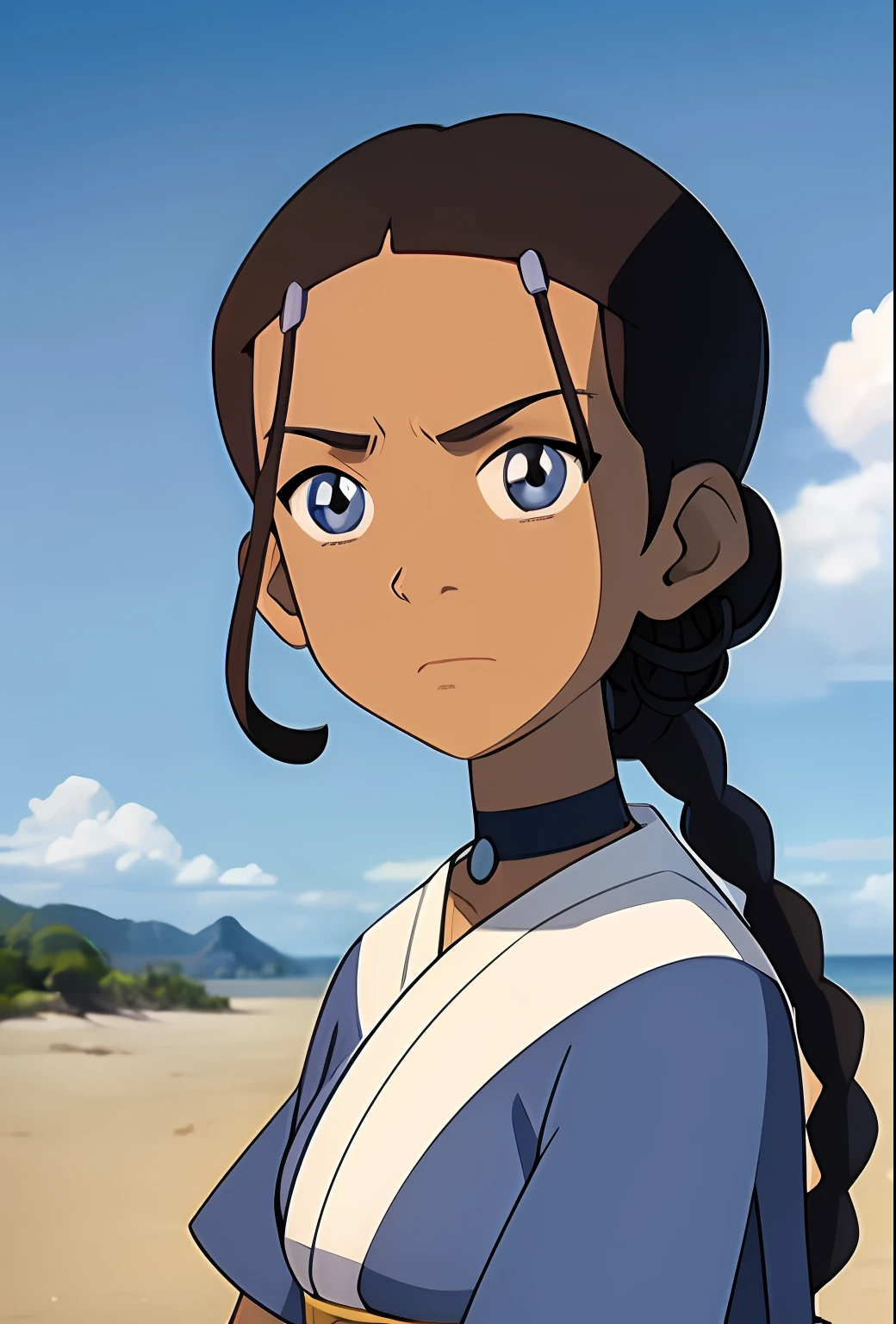 masterpiece, best quality, 1girl, katara, toned, dark skin, braid, jewelry, looking at viewer, upper body, beach background, sunshine, sky, cloud, (blue eyes:0.6)