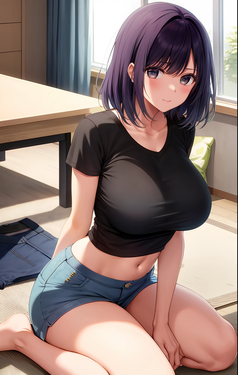 1akane kurokawa,solo,large breasts, cleavage, navel, t-shirt, ((bra)),clothes lift, skirt, lying, full Body,sexy body,sitting