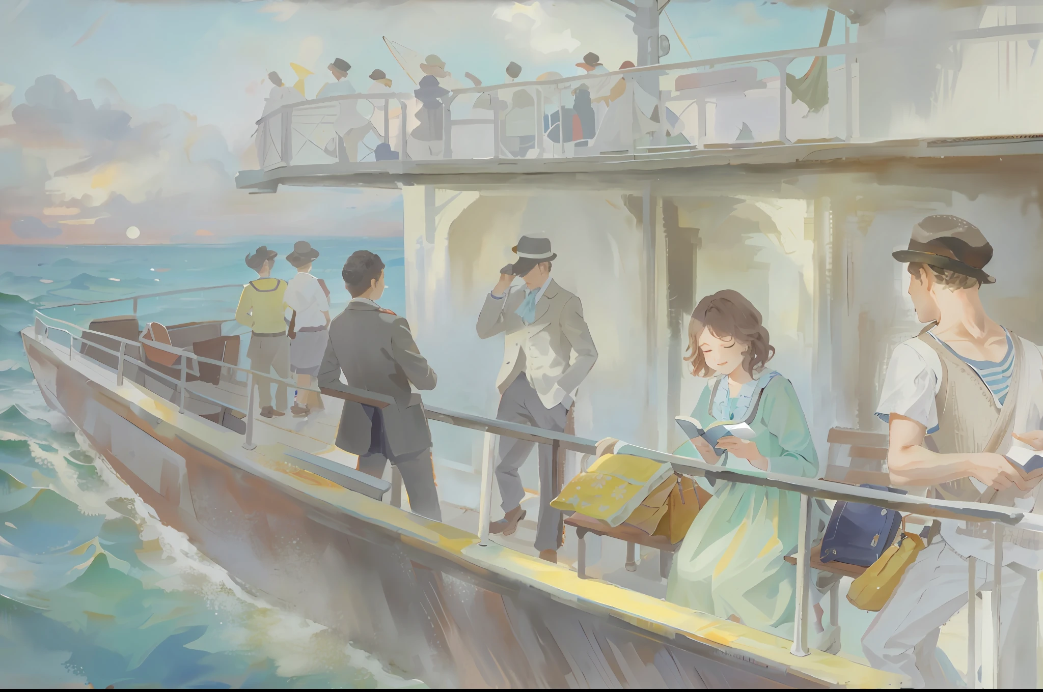 on one side of the decks of a ship,Ship,on a voyage ,People on the deck of a boat, Double deck,sea breeze,cloudy,On board,A wide variety of passengers,a gentry Miss is seated on a bench Reading a brochure,next her are gentlemen taking pictures ,others in the prow are sightseeing ,Early 20th century, southern France, vacation of the working class, nostalgic, dreamy horizon, water splashing,
