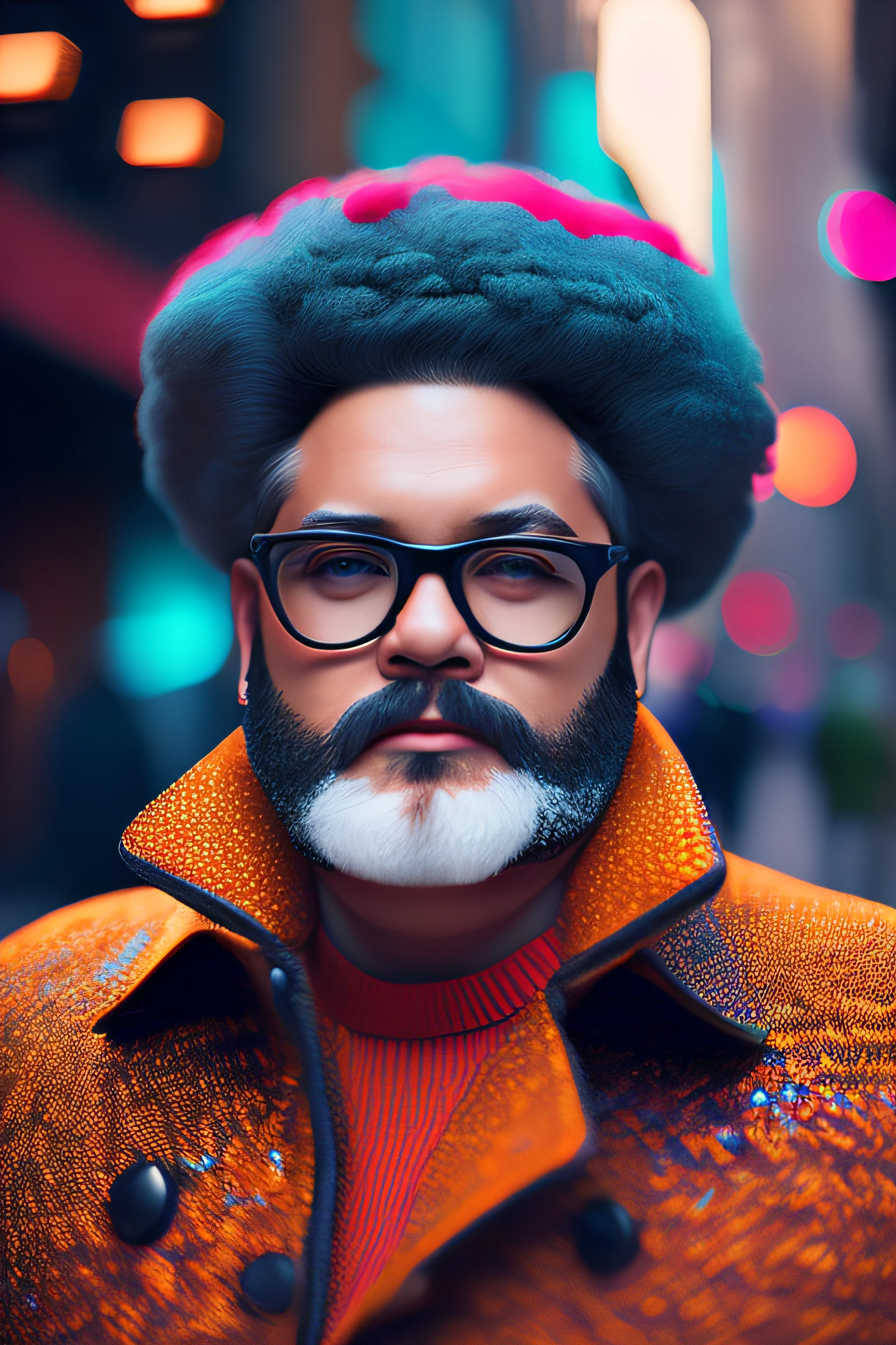 (fashionista portrait fat and very old american man, 1950s with intricate colorful modern bright colored glasses), colorful fluffy hair, serious expression (extremely detailed digital photography: 1.2), standing in the middle of the city, ((((full body)))), raw image,, Hasselblad, 50asa, f8, 12mm, glow effects, godrays, hand drawn, render, 8k, octane render, cinema 4d, blender, dark, atmospheric 4k ultra detailed, sensual cinematic, sharp focus, humorous illustration, great depth of field, masterpiece, colors, 3d octane rendering, 4k, concept art, trend in artstation, hyperrealistic, vivid colors, rim light, extremely detailed CG 8k wallpaper unit, trend in ArtStation, trend in CGSociety, Pop Art style by Erik Madigan Heck, Intricate, High Detail, dramatic, pure energy, light particles, sci-fi