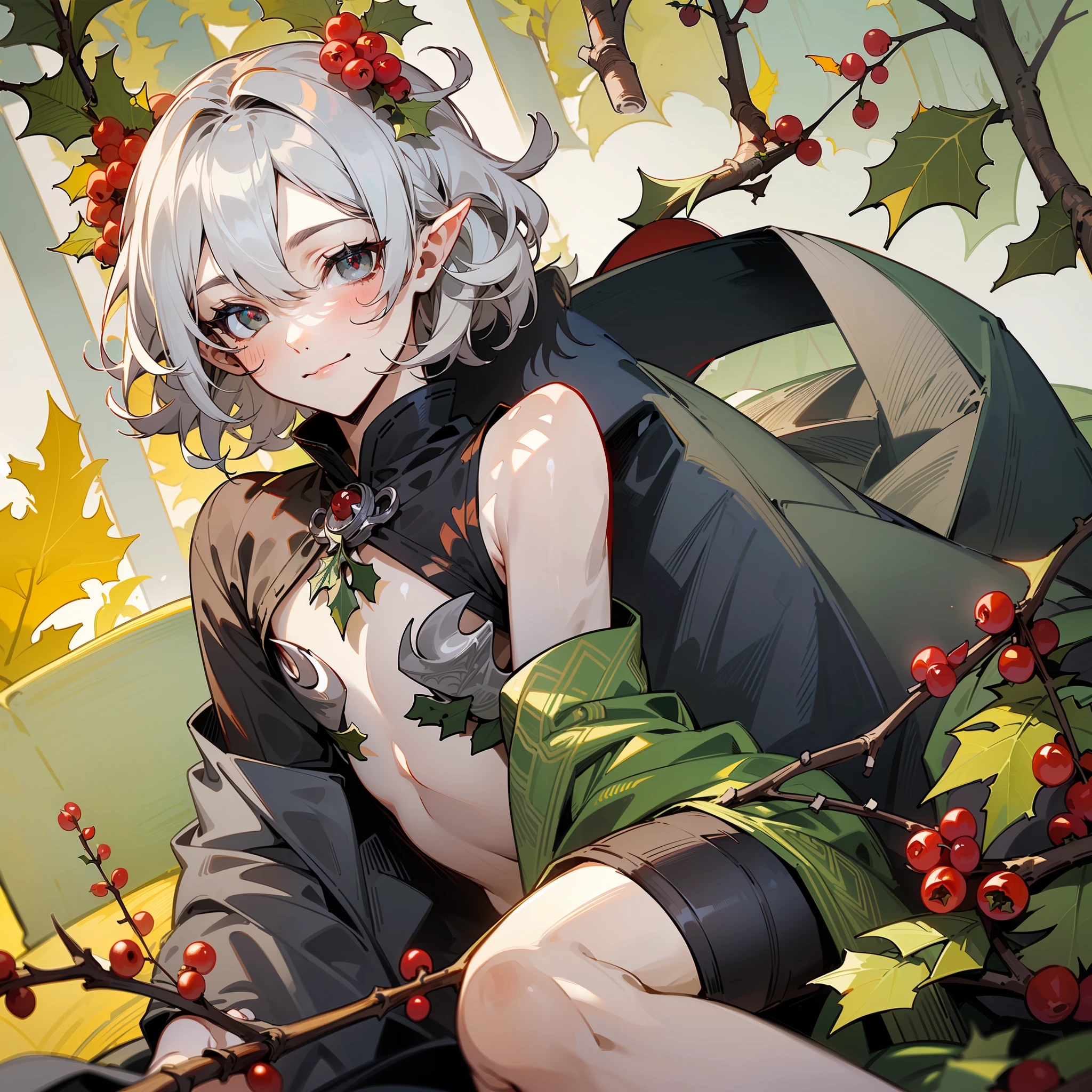 (((continuation of the holly leaves around))), ((continuation of the red berries)), (((continuation of the background))), ((dark grey pillows)), (((covered by holly branches))), ((covered by dark grey fabric)), (nobody) ((background))