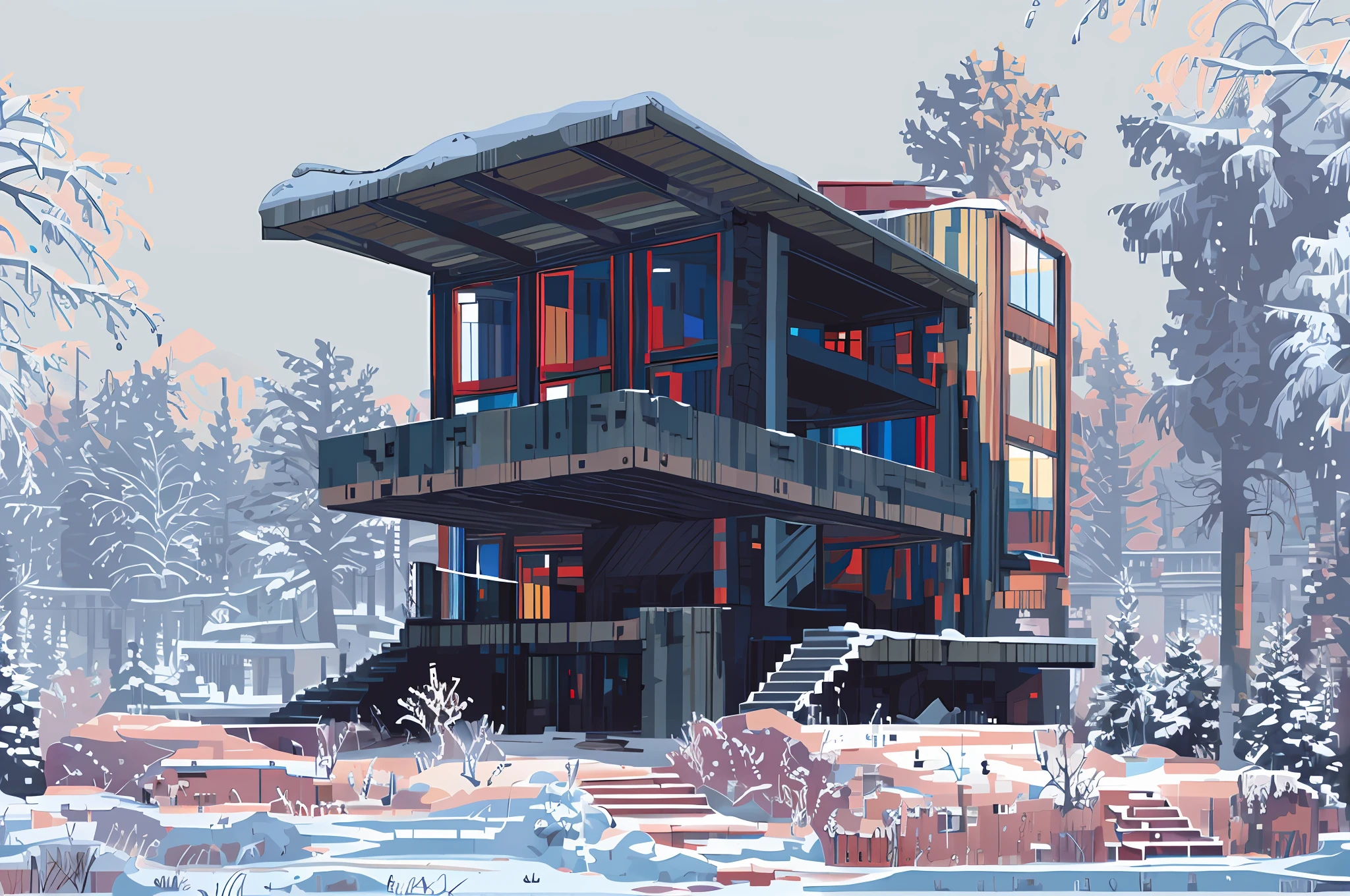 pixel art, building, 1 building, heavy snowy, ruin