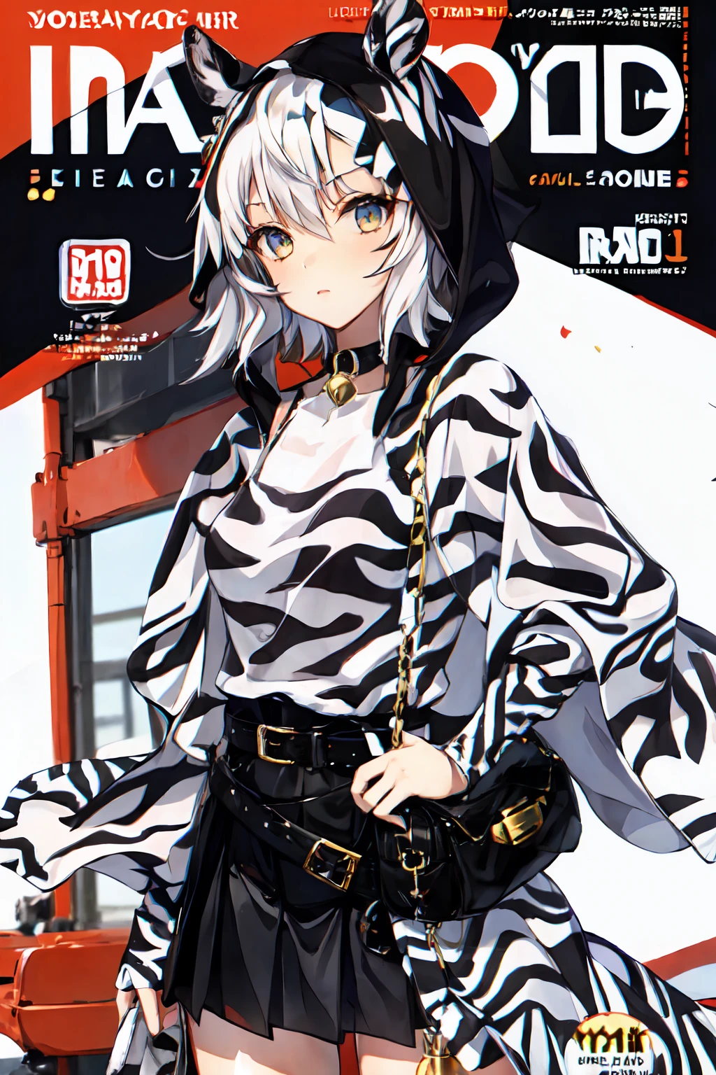 Magazine Cover,1girl in,Solo,Umamusume,(Zebra print),white_Eyes,Multicolored_hair,Messy_hair,(white_hair),Black_hair,Short_hair,zebra_cloaks,Black_Shirt,Belt bag,Neck_bell,Black_Skirt