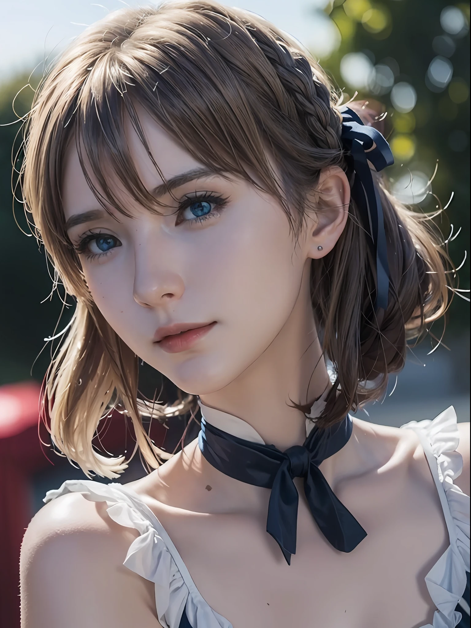 violet_evergarden, blue_eyes, close up, blonde hair, blue eyes, hair ribbon, ribbon, short hair, braids, hair braids, red ribbon, mature female, erotic smile, erotic eyes, (face focus:0.8), (realism:1.2), (masterpiece:1.2), (best quality), (ultra detailed), (8k, intricate), (85mm), light particles, lighting, (detailed eyes:1.2), (highly detailed:1.2), (dynamic angle:1.2), (gradients), colorful, daylight,