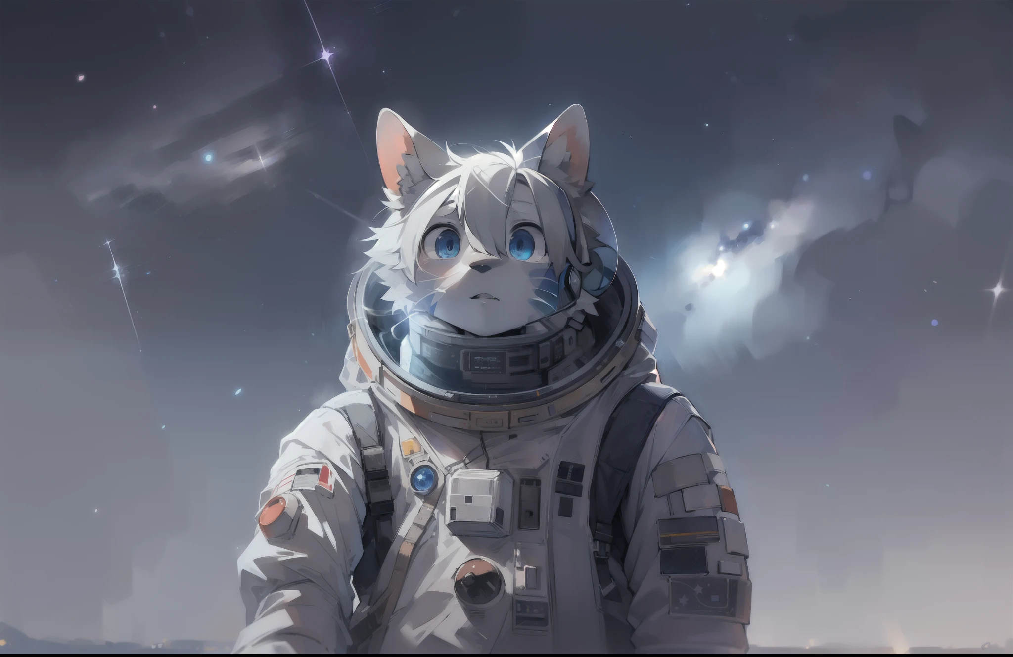 eine Katze，(((Shota)))，((Gray and white hair))，(Wearing an astronaut helmet)，((Behind him is the Milky Way))，((Extreme light and shadow)),((in the cosmos))