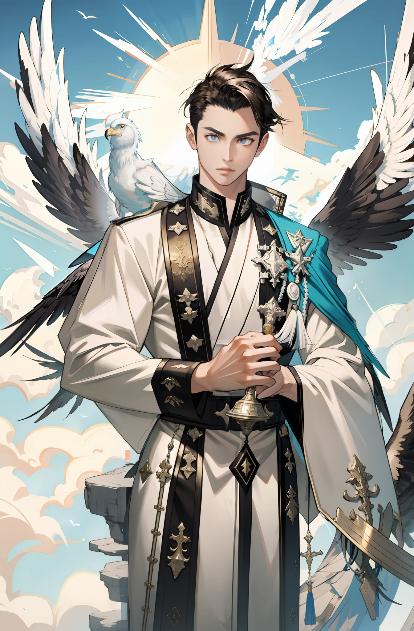 A pair of huge black eagle wings were born behind him。