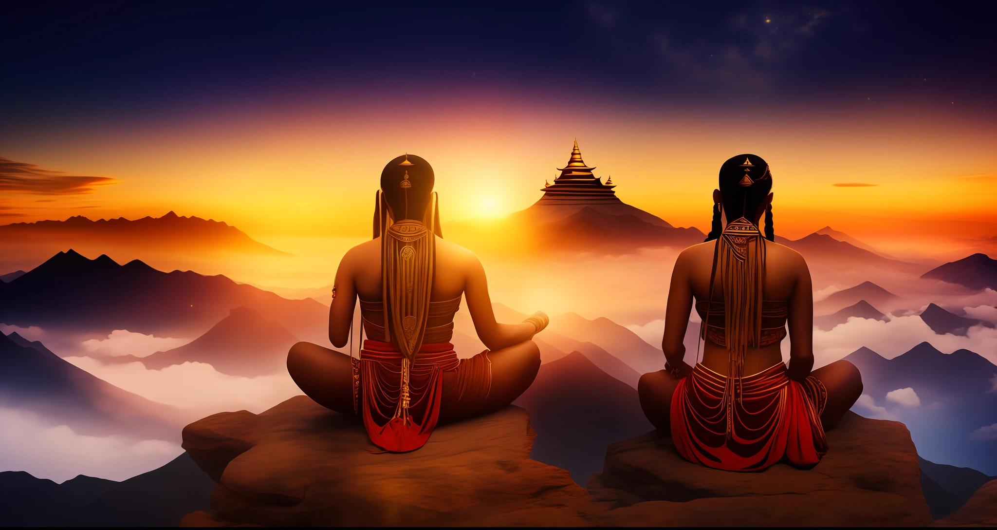 Young tantric priestess in loincloth with tattoos and percings looking at the horizon on a mountain in Tibet at sunset with stars Ultra-realistic photo --auto