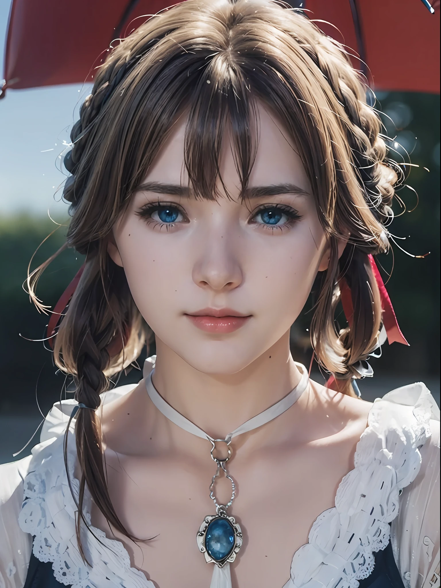 violet_evergarden, blue_eyes, close up, blonde hair, blue eyes, hair ribbon, ribbon, short hair, braids, hair braids, red ribbon, mature female, erotic smile, erotic eyes, (face focus:0.8), (realism:1.2), (masterpiece:1.2), (best quality), (ultra detailed), (8k, intricate), (85mm), light particles, lighting, (detailed eyes:1.2), (highly detailed:1.2), (dynamic angle:1.2), (gradients), colorful, daylight,