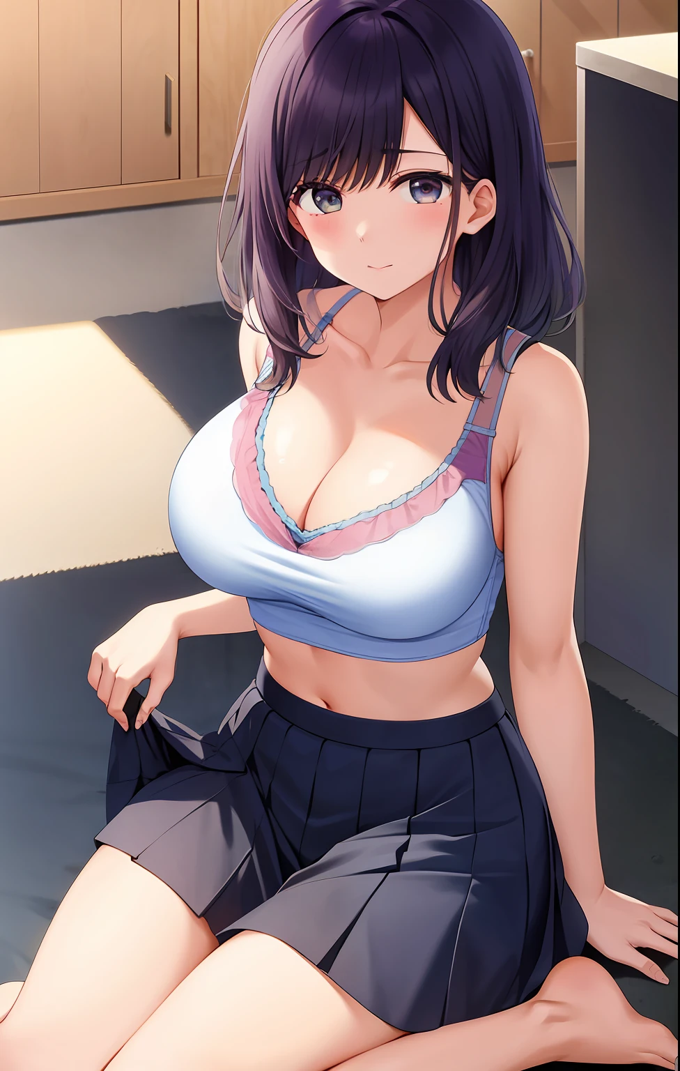 1akane kurokawa,solo,large breasts, cleavage, navel, t-shirt, ((bra)),clothes lift, skirt, lying, full Body,sexy body,sitting