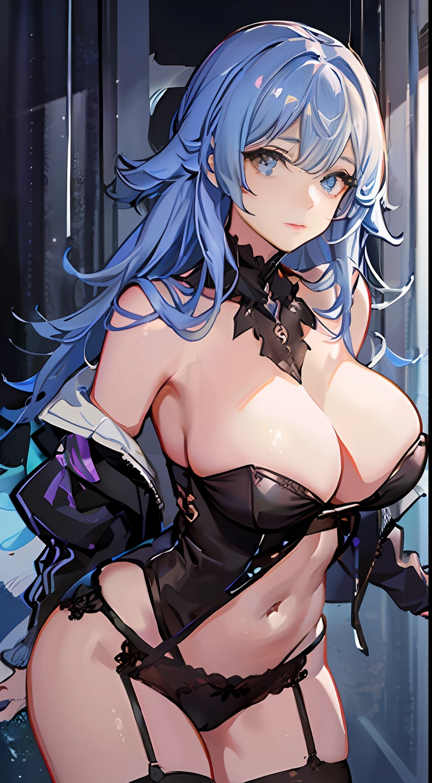 ((tmasterpiece,Need)),(1girll),(The color hair,Half-black,half blue)black lace cleavage underwear,Hole black stockings,huge tit(plumw),big breasts exposed cleavage,seductiv,Flushed complexion,Charming,torn laundry,,White long-sleeved jacket,cropped shoulders,leaning-forward