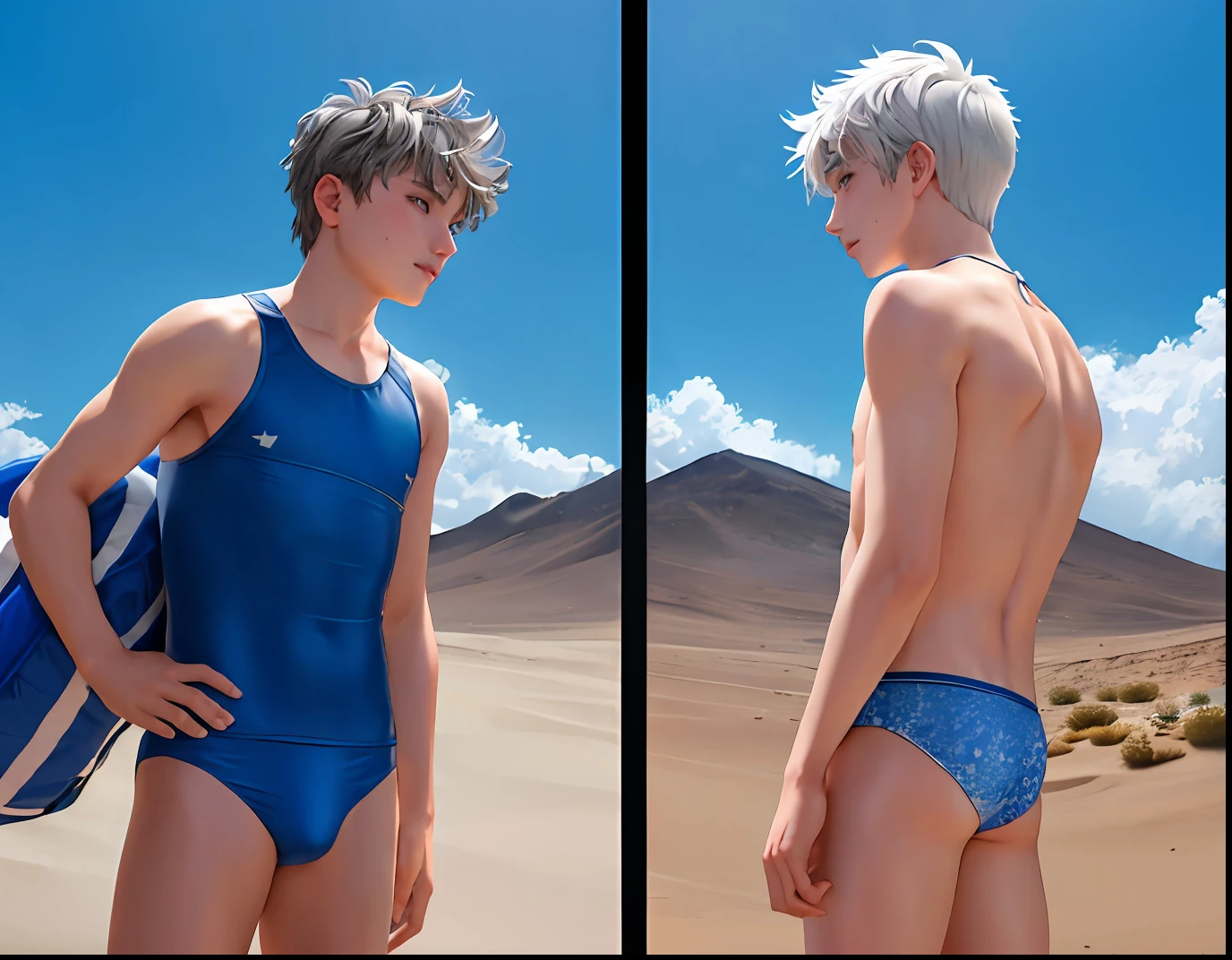 14 and , Two cute silver-haired brothers aged 14 and 15 argue in the middle of the desert in blue male swimsuit