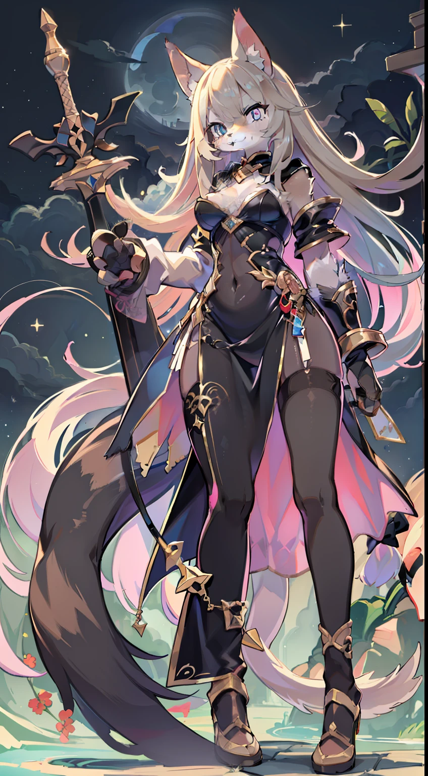 (Masterpiece), Best quality, Dynamic Angle, Dynamic gesture,(Hairy chest and arms+ Sexy all over:1.2，feline features：1.1，slim body 1.1), glittering ocean, full moon/Meniscus, moon full/Crescent night, （Silky and beautiful long hair：1.2）, Sensual expression, beautidful eyes, Based on beautiful landscapes，Enhance the beauty of the pattern, aquarelle. （Feminine），（The face of a human woman：1.2），（Sexy long hair black cat girl）, （sword）, （Wear delicate full-body leather armor：1.2）, Mysterious rune star map, , Dream crossing, Has feline characteristics, The background is deep.The hands are furry cat's paws，（Nudity sexy：1.2）