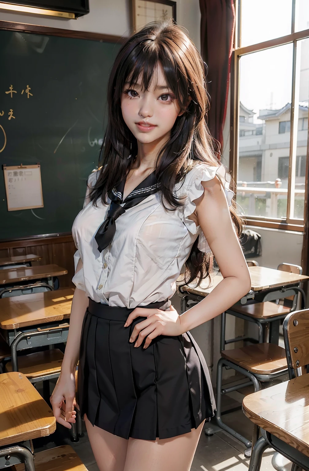 top-quality、​masterpiece、超A high resolution、(Photorealsitic:1.4)、Raw photo、女の子1人、Brown hair with bangs、drooing eyes、thin-waist、Colossal tits、Japan schoolgirl sailor suit、Black miniskirt、Inside the classroom、slim figure、Light smile with visible teeth