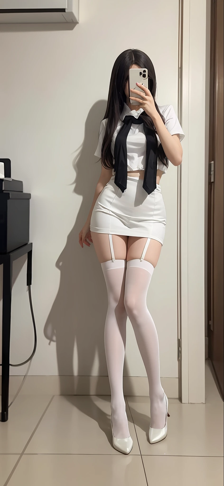 there is a woman that is taking a selfie in a room, pretty face with arms and legs, smooth white tight clothes suit, sexy girl wearing shorts, Surrealism female students, Surrealism female students, anime barbie in white stockings, Long thin legs, wearing tight simple clothes, very sexy outfit, wearing skirt and high socks, Anime girl cosplay, Long legs