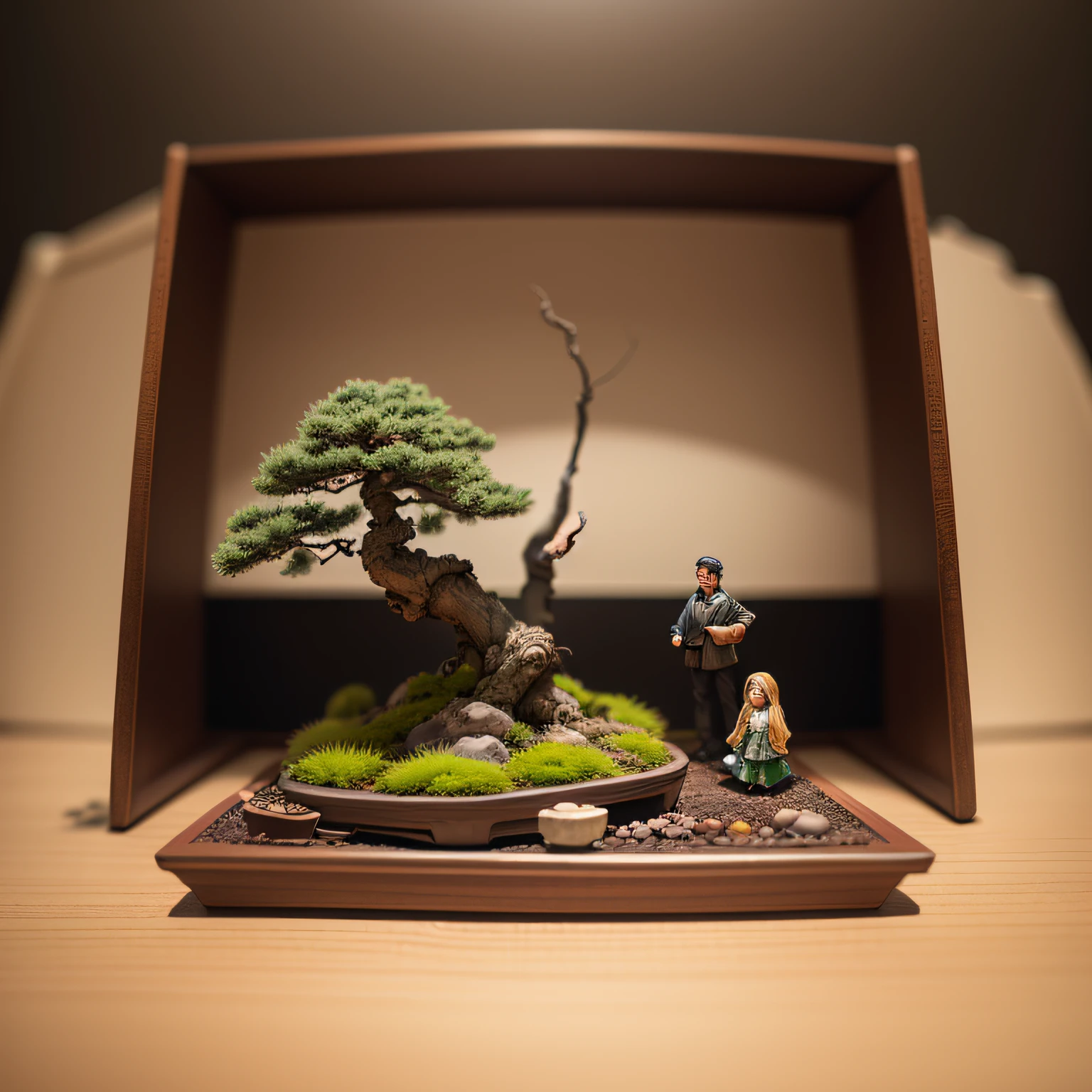 Miniature Bonsai landscape with dolls on top of Realistic, Photography, Studio lighting, shot by Phase One camera, HDR clarity detail, Hyperfocal length, 8K, Ultra Realistic --auto