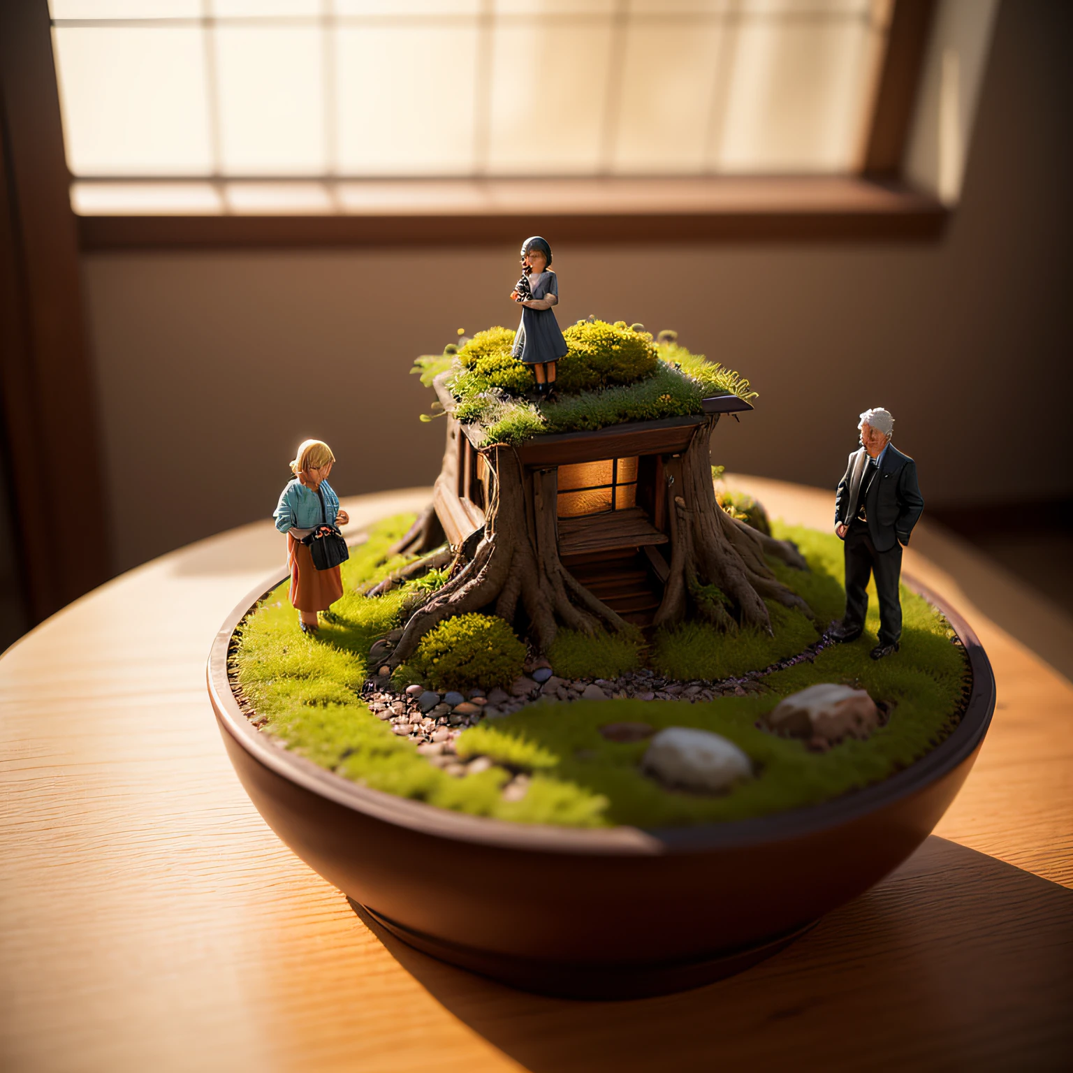 Miniature Bonsai landscape with dolls on top of Realistic, Photography, Studio lighting, shot by Phase One camera, HDR clarity detail, Hyperfocal length, 8K, Ultra Realistic --auto