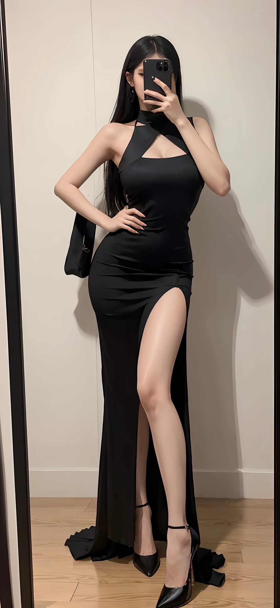 there is a woman that is taking a picture of herself in the mirror, Sexy dress, very sexy outfit, she wears a black dress, tall thin beautiful goddess, massive legs towering over you, sexy gown, Tight dress, Sexy look, succubus in tight kilt, standing and posing elegantly, full-body xianxia, doing an elegant pose over you