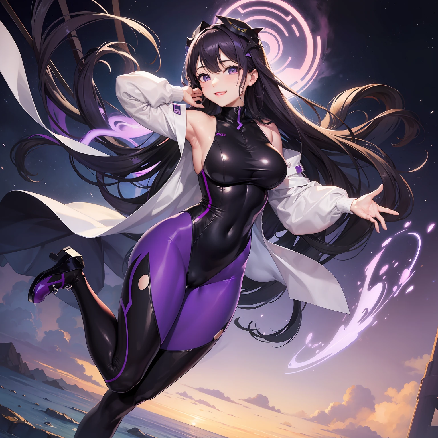 top-quality、​masterpiece、Beautiful One Woman、Colored tights、Tanksuit、huge smile、Full body like、watching at viewers、Dark eyes、Eyes glow purple