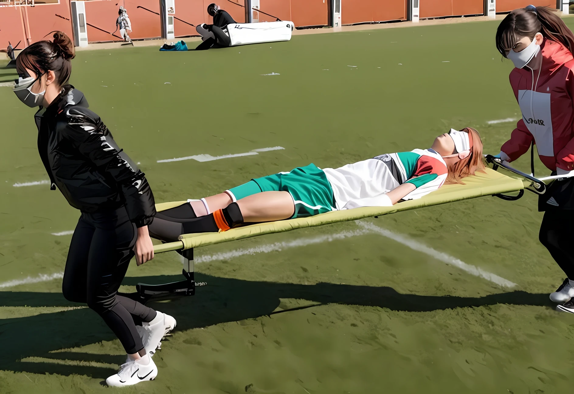 There is a man lying on a stretcher with his hands crossed over his face, a man in a t-shirt and sports shorts has crossed his hands over his face, the man has an agonised face under his hands, two longhaired and ponytailed women that are wearing very shiny coats, there are longhaired women wearing laquered puffy coats, longhaired women are walking in wetlook puffy coats, several women walking around a football field with an injured athlete on a stretcher, the injured athlete on the stretcher covers his face with both hands, the women look very worried, behind the women there is a frightening atmosphere, there is heavy rainfall in the background, video still, behind the scenes, Malika Favre, screenshot, footage, 4 0 9 6, cover photo, aesthetic shot, dramatic mood, intense scene, Making of, Mongezi Ncaphayi, Thriller atmosphere, Filming, Edited