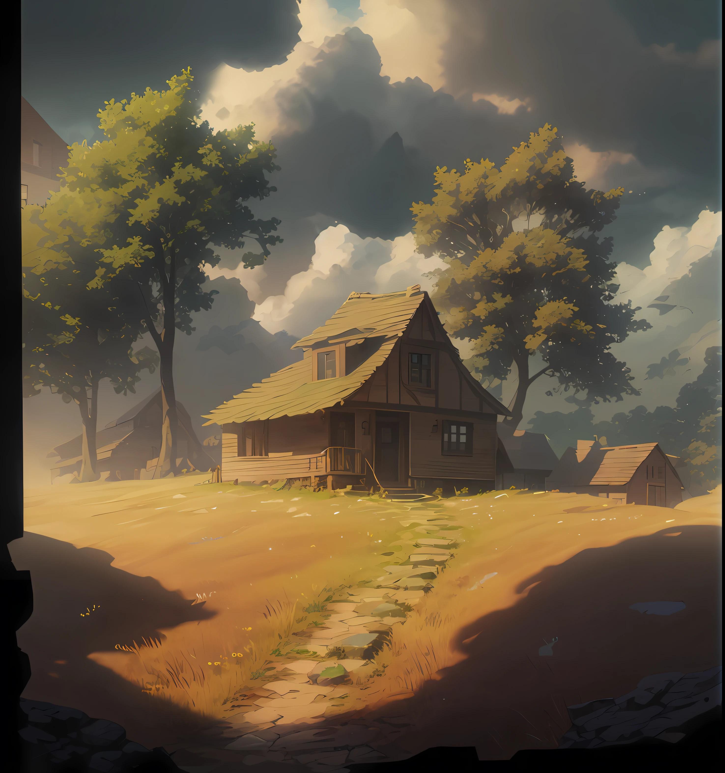 There is a house, trees are around the house and stone step, sunny morning, digital art style, inspired Artstation.