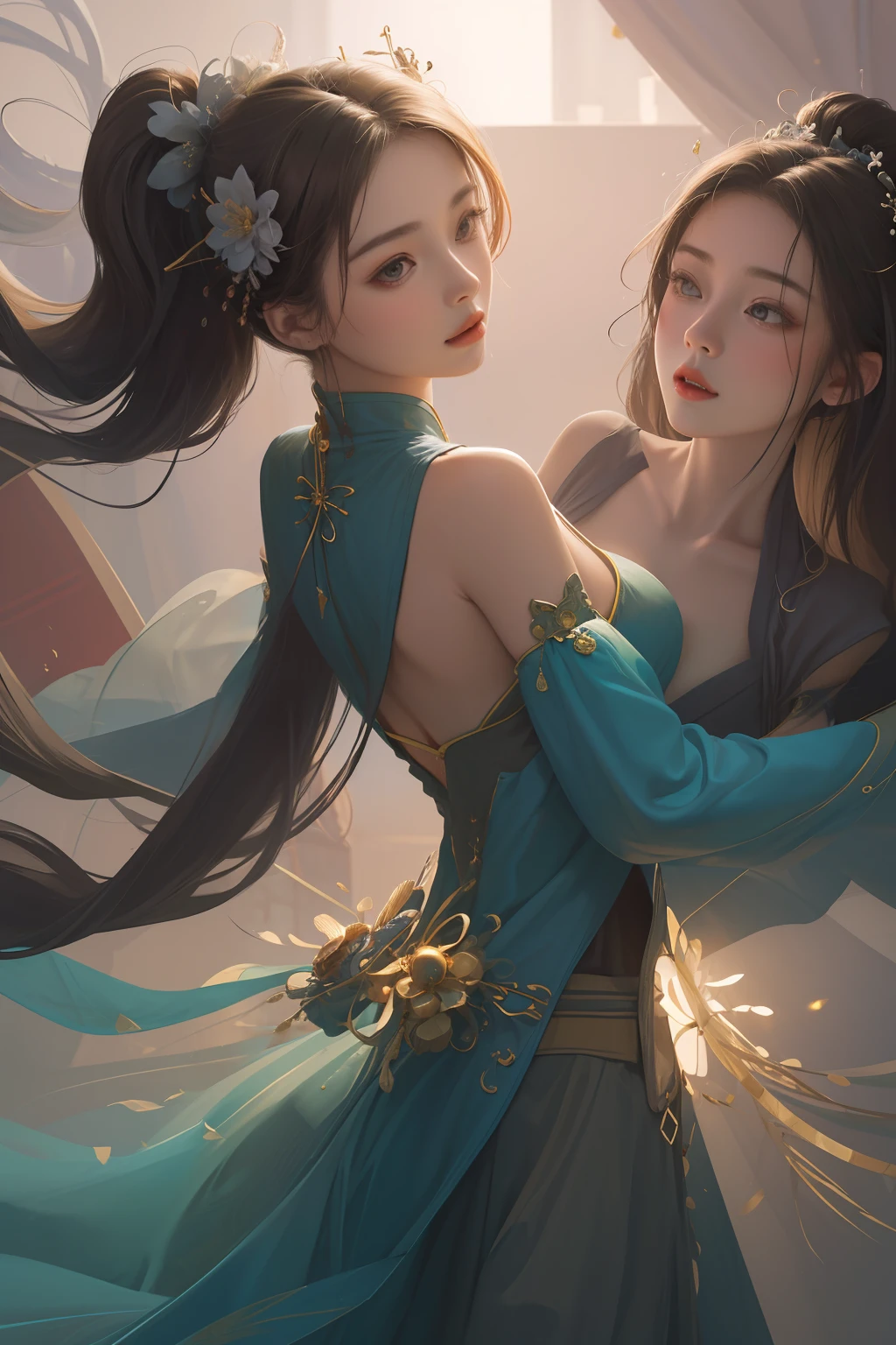 NSFW， zhongfenghua， 1girll， 独奏， Hanfu， Ancient_Chinese_architecture， flower  field， blossoms，（High-neck clothing），（Does not miss the shoulders）， （Fully dressed）（White smoke：1.3） （realisticlying：1.4）， Zen entanglement， datura， Tangled， offcial art， Unity 8k壁纸， ultra - detailed， Beautiful and beautiful， tmasterpiece，best qualtiy， （dynamic angle：1.4），Gorgeous costumes， （Floating colorful flashes：1）The most beautiful forms of chaos，ellegance，Fauvistdesign，vivd colour，Romantic depth of field exotic_Dance，Change the angle，Shoot from multiple angles