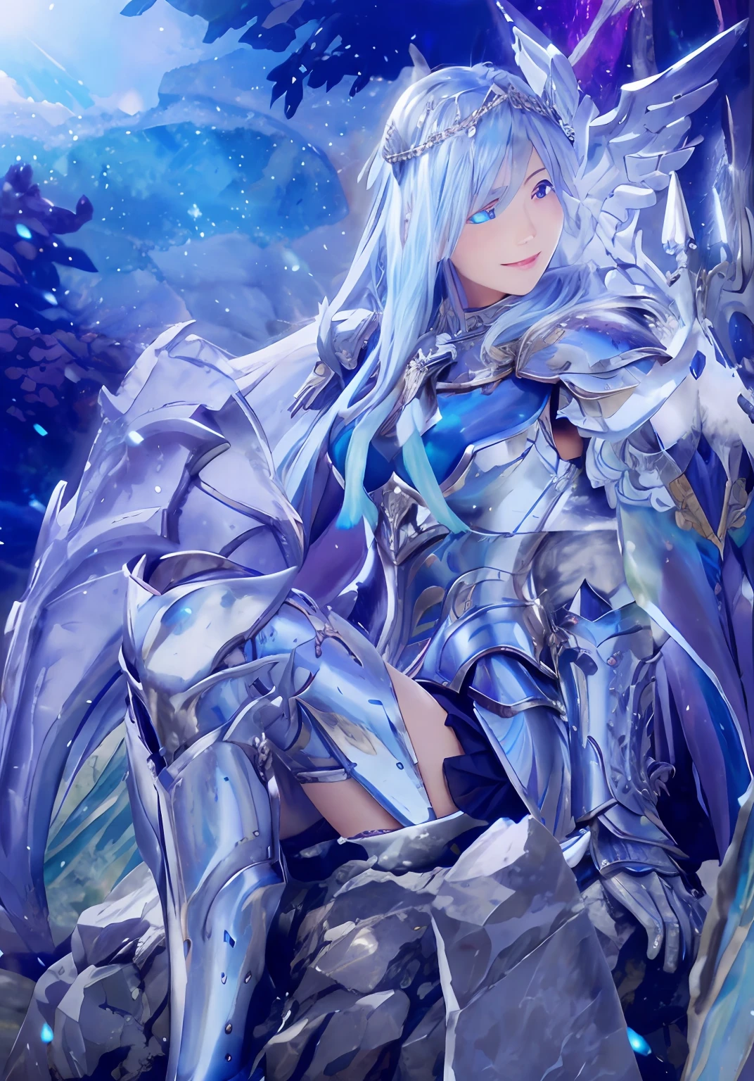 photorealistic image of a characters sitting on a rock, sliver ice color reflected armor, in opal armor, high detailed official artwork, portrait valkyrie girl, knights of valkyrie girl, covered in full silver armor, armor girl, fus rei, highly detailed exquisite fanart, blue and ice silver color armor, detailed key anime art, pale blue armor, slightly blue hair, dazzling smile, lover longing