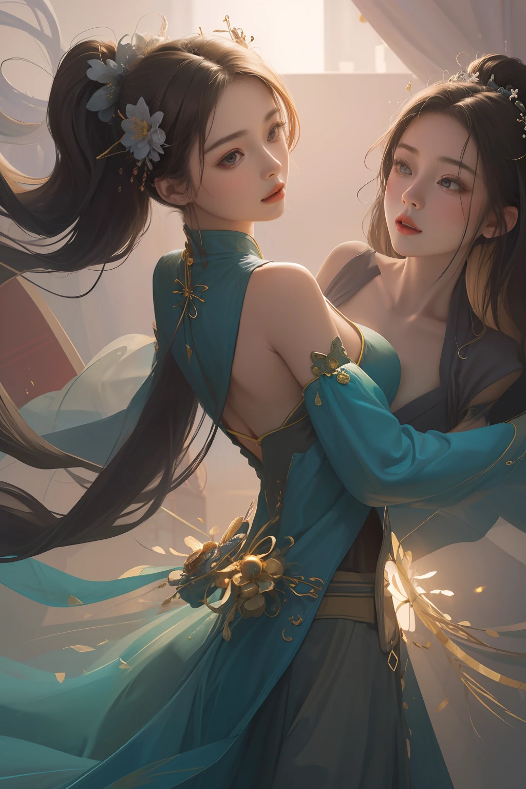 NSFW, zhongfenghua, 1girll, 独奏, Hanfu, Ancient_Chinese_architecture, flower field, blossoms,(High-neck clothing),(Does not miss the shoulders), (Fully dressed)(White smoke:1.3) (realisticlying:1.4), Zen entanglement, datura, Tangled, offcial art, Unity 8k壁纸, ultra - detailed, Beautiful and beautiful, tmasterpiece,best qualtiy, (dynamic angle:1.4),Gorgeous costumes, (Floating colorful flashes:1)The most beautiful forms of chaos,ellegance,Fauvistdesign,vivd colour,Romantic depth of field exotic_Dance,Change the angle,Shoot from multiple angles