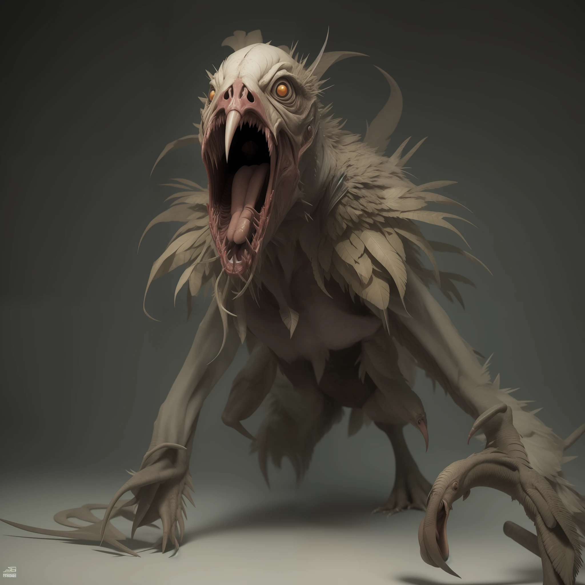 full body shot, hyper detailed, a close up of a creepy creature with its mouth open, humanoid feathered head, by Steven James Petruccio, grotesque, body horror, disturbing, shot in the photo studio, pathological and antropomorphic images, nightmare, hybrid fused with human, lunchmeat, people and creatures walking, official artwork, rendered lighting, sneer, beaks, limb mutations, ((incredible textures details)) and particles --c 65