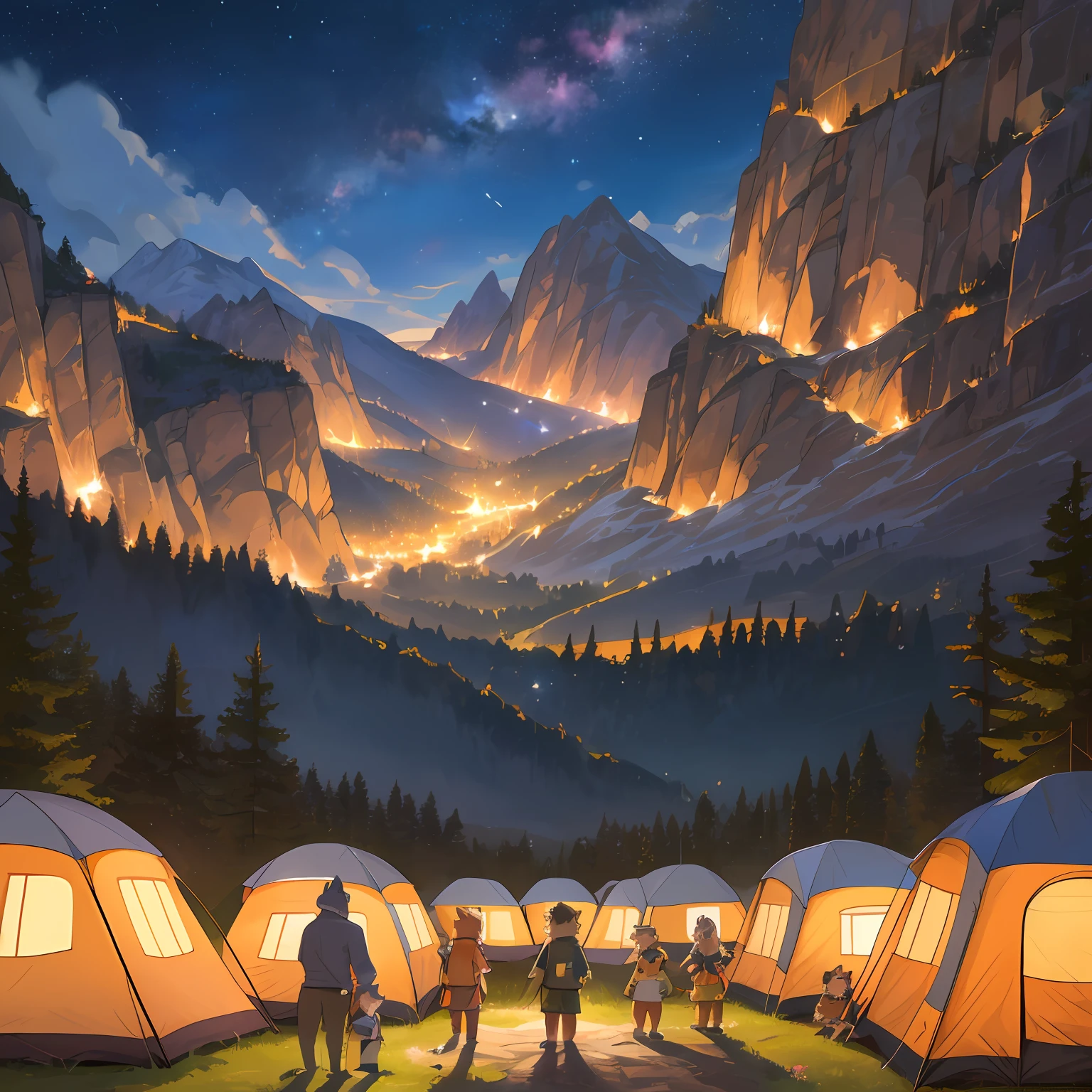 top quality, best quality, High-quality illustrations, masterpiece, super high resolution, detailed background, detailed background, Campsite in the mountains, group shot, 6+boys, 6+girls, camp-fire, night sky, absurdres(highly detailed beautiful face and eyes)perfect anatomy(Photo of family trip)(kemono, furry anthro)selfie,