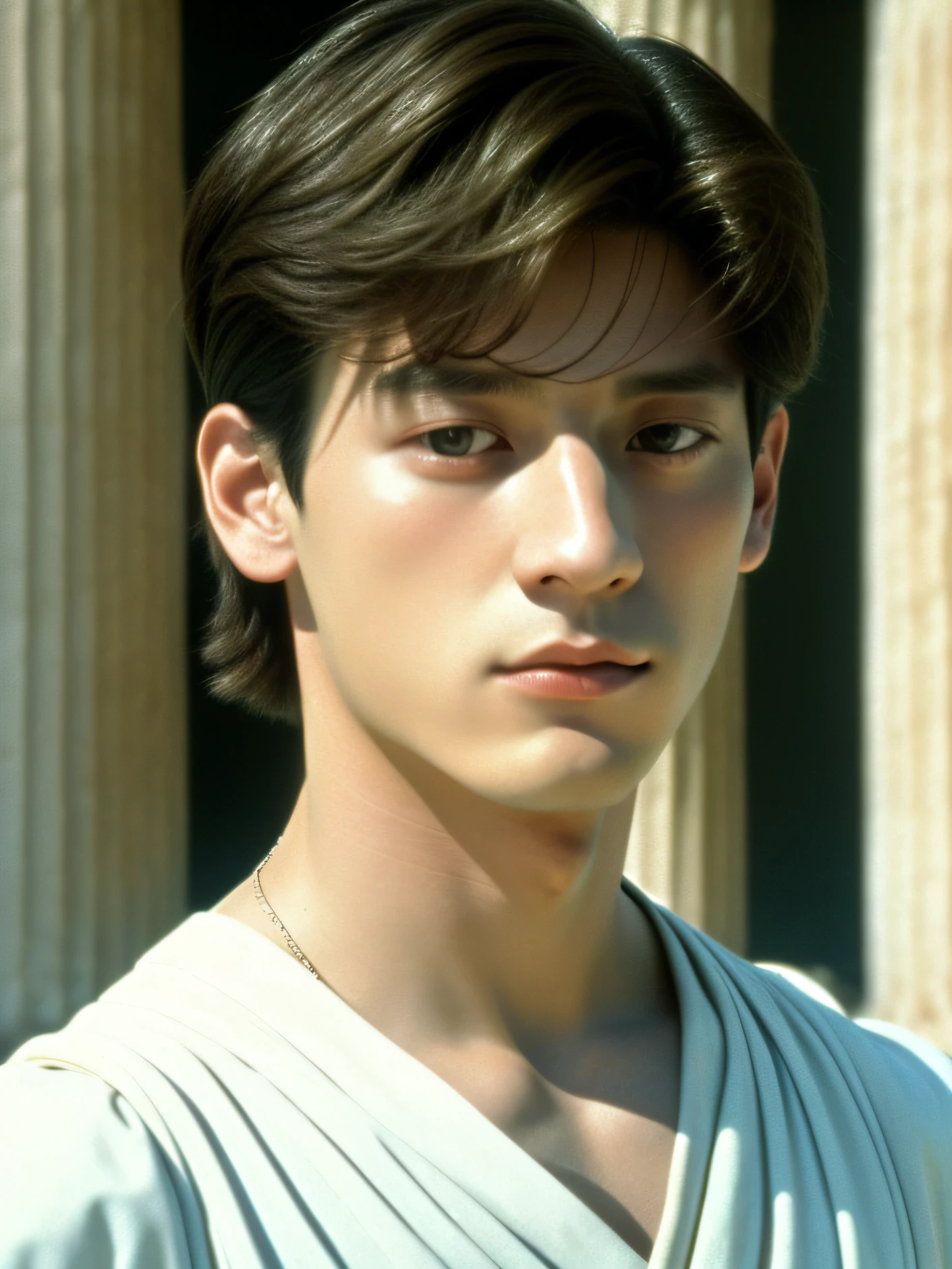 close up, the 90s scene movie, a young man in standing in a palace in the ancient greek period, a screen shot by Chen jiru, featured on tumblr, aestheticism, drama movie, beauty face, movie still, 1990s, look like jeon jungkook, film grain, the ancient greek periody outfit, Greek mythology era, goddess man