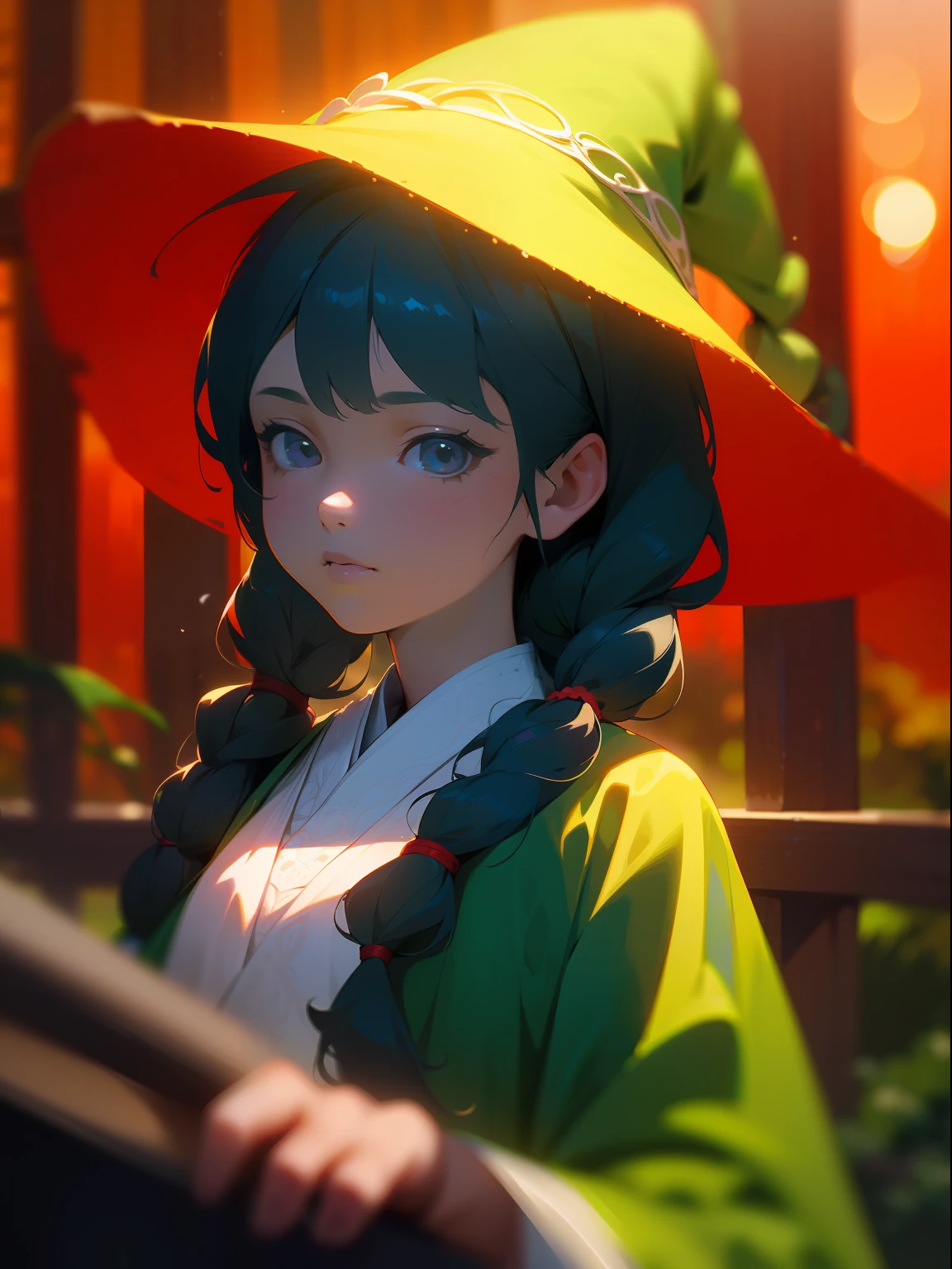 (Pretty with braids wearing a green witch's hat), (cute girl about 10 years olthe lute, simple green witch hat,(masterpiece), (extremely intricate:1.3), (realistic), portrait of a little girl, the most b the world, (green witch's robe) , upper body, forest, intense sunlight, professional photograph of a stunning girl detailed, sharp focus, dramatic, award winning, cinematic lighting, , volumetrics dtx, (film grain, blurry background, blurry foreground, bokeh, depth of field, sunset, motion blur:1.3),Realism,Oversized shirt,black eyes
