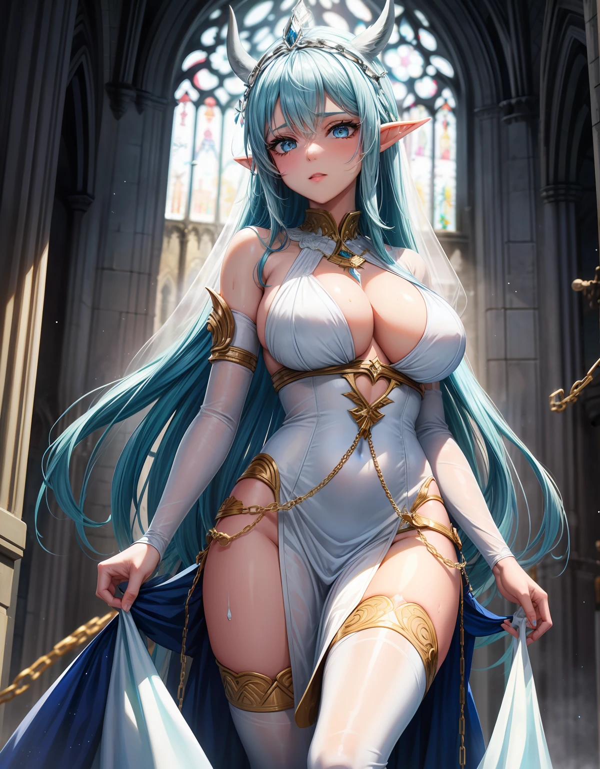 Young woman walking with chains and blue hair and elf ears with white horns in a cathedral at night wearing water magic with a sexy white wedding dress all wet, Ela tem um corpo volumoso e os seios, breasts and bust are huge, ela tem um rosto macio delicado lindo e perfeito. Water particles as your hair flies, foice grande e detalhada.