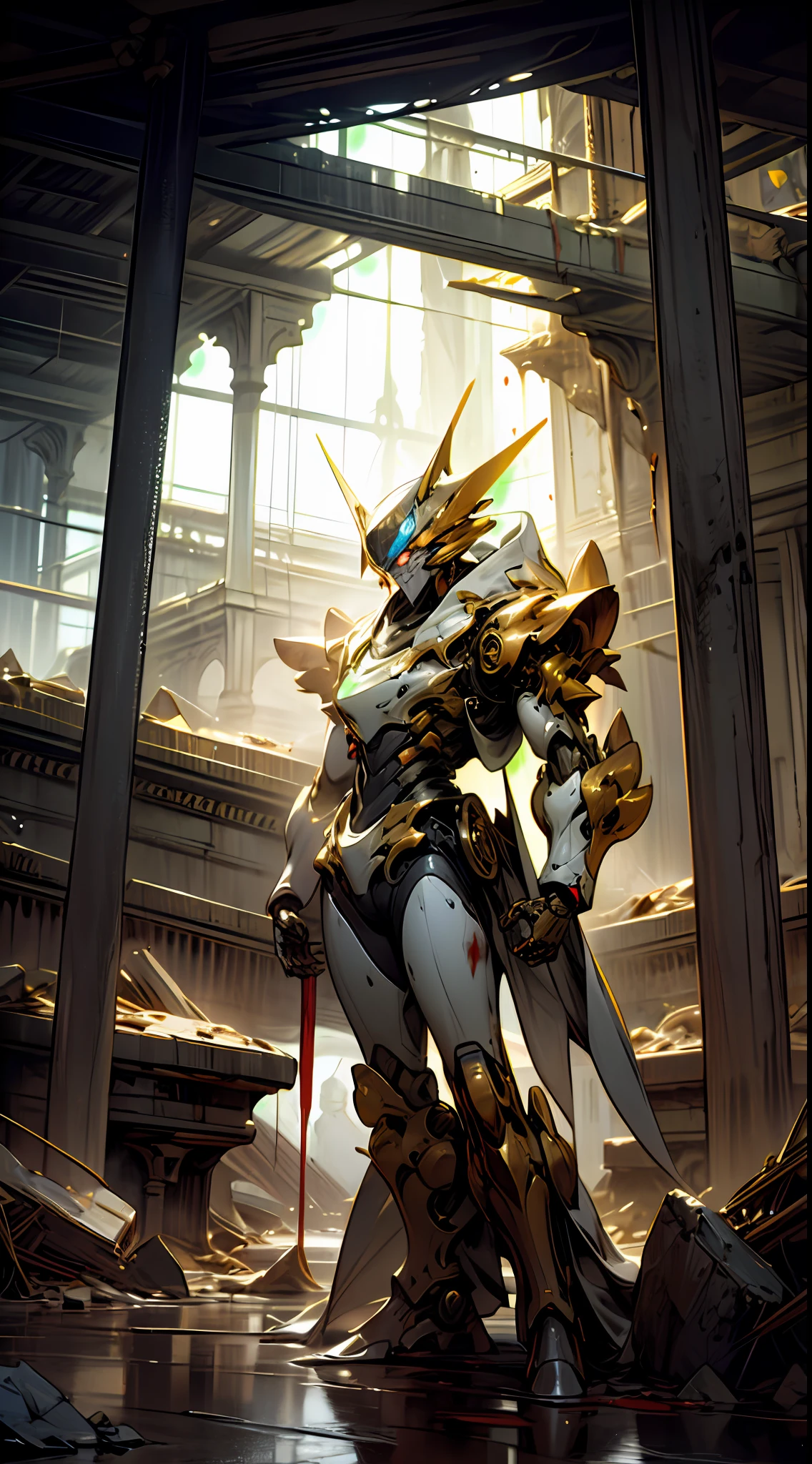 Golden Rock Titan robot，Huge glowing crystal，Collapsed caves, Collapsed ruins, blood，Blood flows down, Flowing water god rays, cinematic lighting, motion blur, ray tracing, first-person view, highres, 4K, UHD, masterpiece, Ccurate standing，erect through，Full body photo