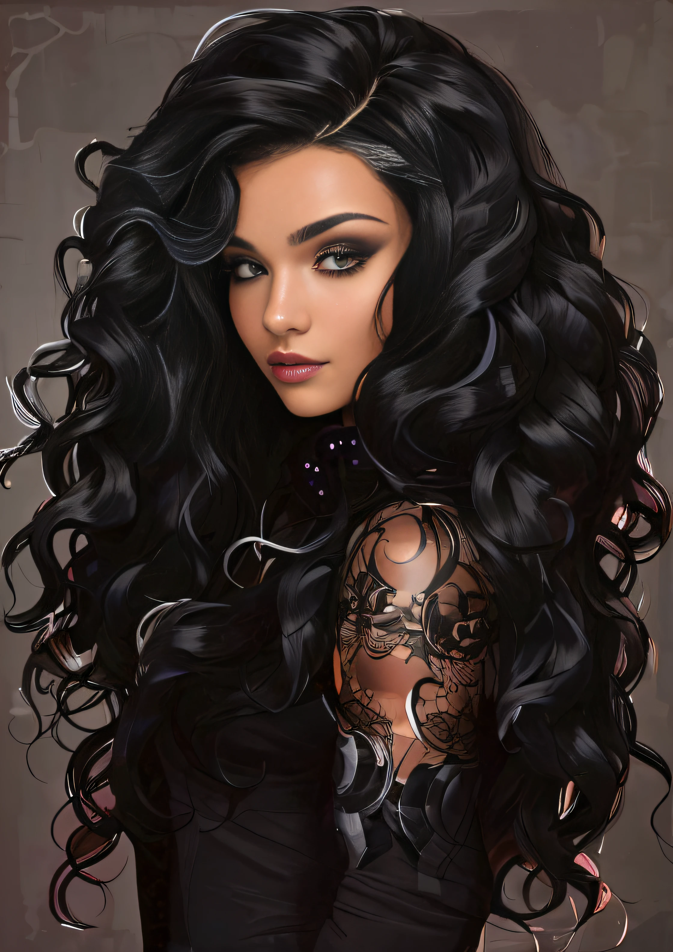 um close up de uma mulher com longos cabelos pretos e tatuagens, cabelo preto longo detalhado, cabelos escuros cacheados, cabelo preto rodopiante, preto longo cabelo encaracolado longo, cabelos negros cacheados, longos cabelos escuros e redemoinhos, longos cabelos cacheados pretos, longos cabelos cacheados intrincados, longos cabelos negros encaracolados, cabelos escuros e redemoinhos, mulher detalhada, cabelo encaracolado preto, beautiful artwork