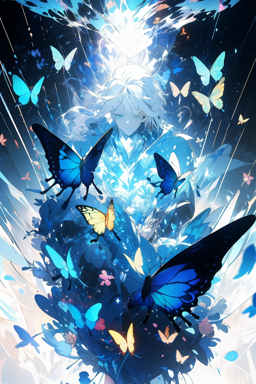 a color,Hitch,(Butterflies:1.2), (Blue flowers), _flower, (Surreal:1.3), (color difference), glitters, holograph, crystallic,A flock of butterflies flying