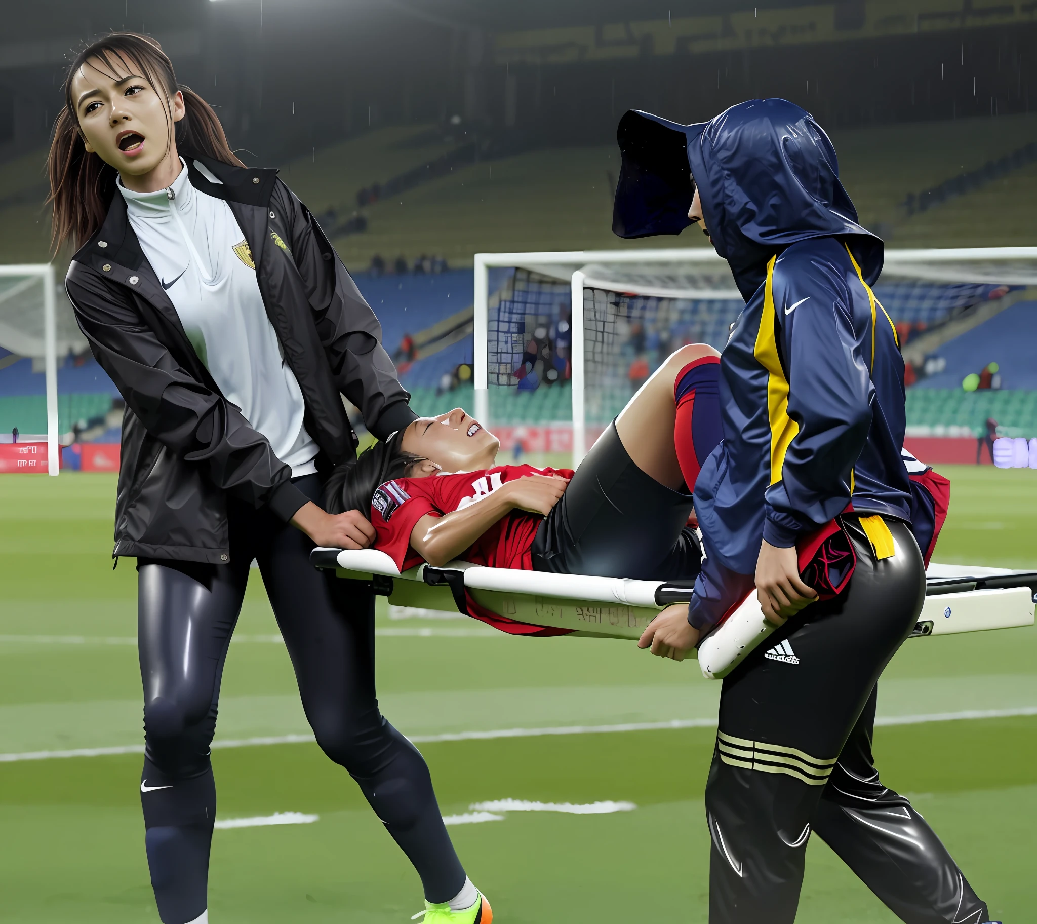 a soccer scene in a chinese sports stadium, rainy weather, wet ground, rainfall, injury scene in a sports stadium, stretcher carry, there are two young schoolgirls in shiny leather-trousers carrying a stretcher, there are two longhaired schoolgirls in high-shine latex-leggings who are carrying a stretcher in a rainy sports stadium, there is a wounded male soccer player in a short sports outfit lying on the stretcher, an injured male soccer player is lying on his back on a stretcher and is grabbing his hurting leg with his hands, a soccer player is rearing up in intense pain while lying on his back on a stretcher and grabbing his injured leg with his hands, dramatic scene, theatralic posing scene, dramatic pity scene, injury soccer, first aid, help, pity, there are two very angry looking schoolgirls in shiny latex-trousers who are looking very sad and very terrified and very shocked, the injured soccer player is screaming out in pain while he is carried from the pitch on a stretcher through the rain