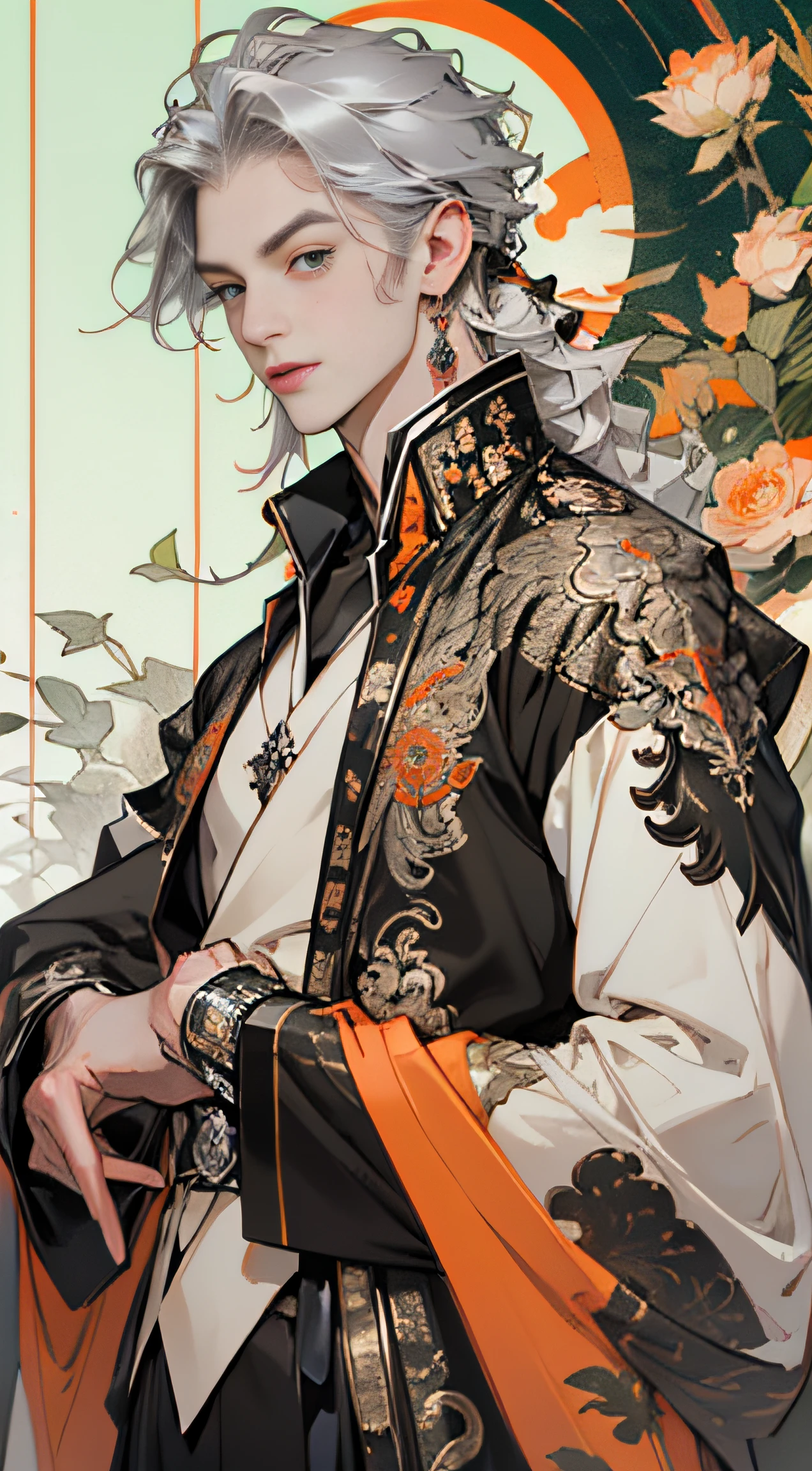 green color:1.5,Orange:1.1,white colors:1.3,amarelo:1.3,（Handsome boy, Long flowing silver hair), Fashionable clothing, Charming eyes，ellegance，Abstract line and circle background，high qulity，Ultra-clear details，tmasterpiece，Works of masters，winning artwork，8K