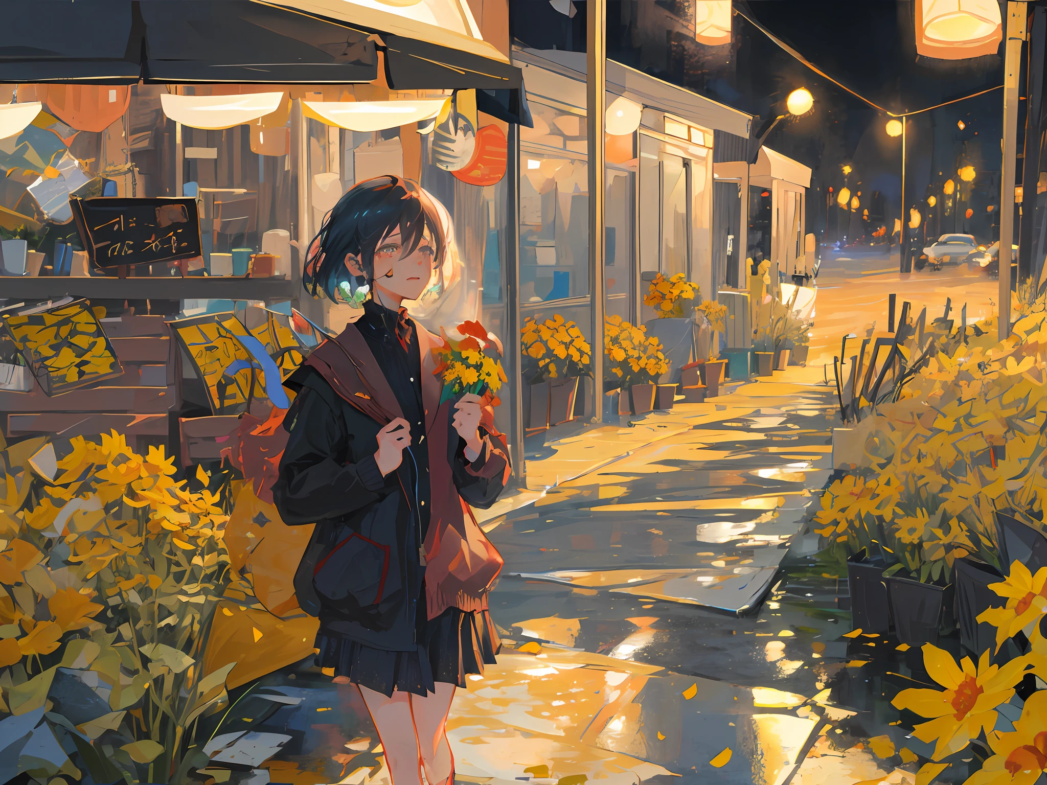 One girl is walking down the street at night with marigolds in one hand with tears in her eyes