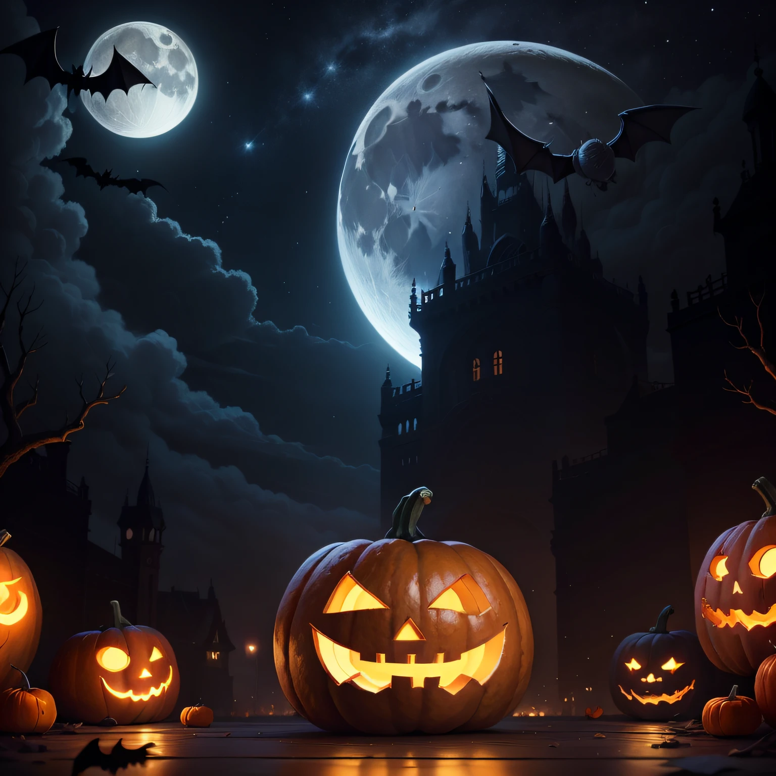 themoon,nigh sky,the bats,pumpkins