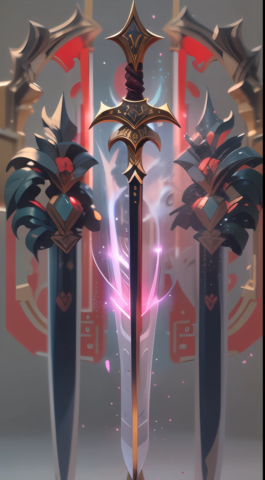 Excalibur,(((The body of the sword is wrapped with red and blue particle effects:1.3))),Sharp sword body,(The sword body is symmetrically ornamented:1.3),The tip of the dangling sword is downward,(Excalibur's entire body is centered:1.3),Mid-range close-up,(Overall silhouette:1.3),Fantastic ancient Chinese landscape,Ultra photo realsisim,super-fine,8K,Premium wallpapers,Highest image quality,3D,C4D,Master masterpieces,octaneratingrendering
