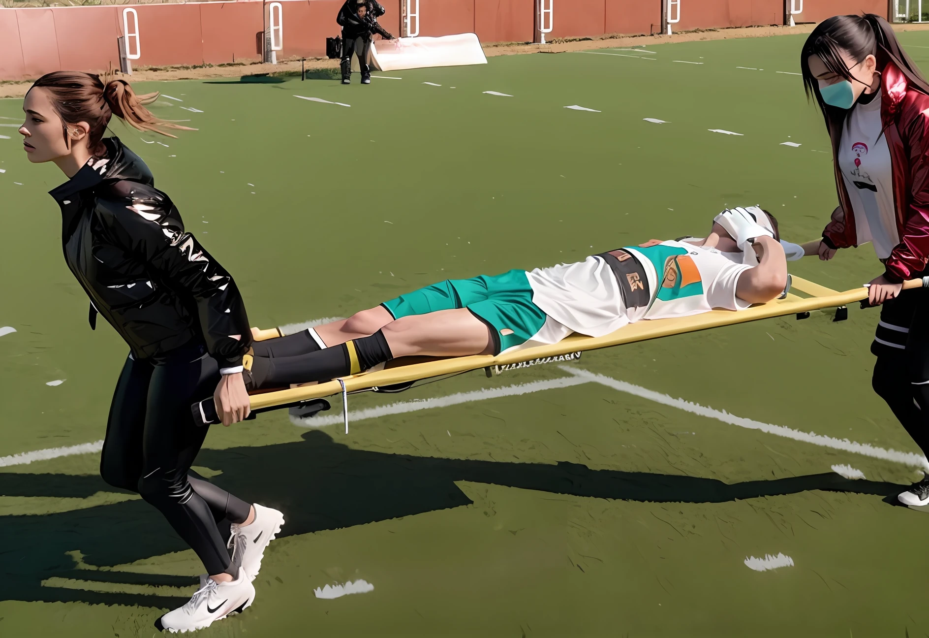 There is a man lying on a stretcher with his hands crossed over his face, a man in a t-shirt and sports shorts has crossed his hands over his face, the man has an agonised face under his hands, two longhaired and ponytailed women that are wearing very shiny coats, there are longhaired women wearing laquered puffy coats, longhaired women are walking in wetlook puffy coats, several women walking around a football field with an injured athlete on a stretcher, the injured athlete on the stretcher covers his face with both hands, the women look very worried, behind the women there is a frightening atmosphere, there is heavy rainfall in the background, video still, behind the scenes, Malika Favre, screenshot, footage, 4 0 9 6, cover photo, aesthetic shot, dramatic mood, intense scene, Making of, Mongezi Ncaphayi, Thriller atmosphere, Filming, Edited