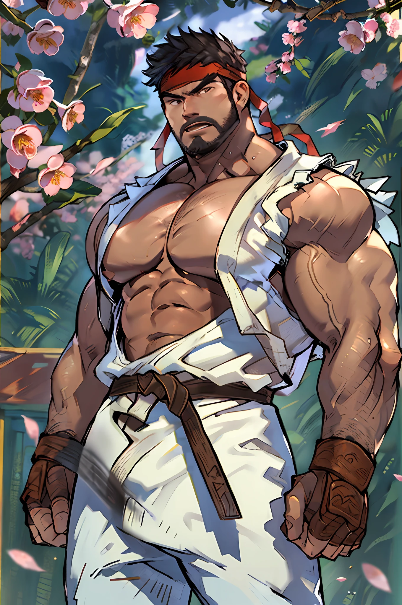 (masterpiece, best quality:1.2), cowboy shot, solo, male focus, 1boy, ryu \(sf\), middle age, serious, closed mouth, white skin, looking at viewer, black hair, black beard, detailed face tall, hunk, muscular, wide shoulder, big physique, shirtless, open chest, wearing a big brown sash, white Dougi pant, red headband, fingerless gloves, blue aura, cherry blossom in the background, high detailed