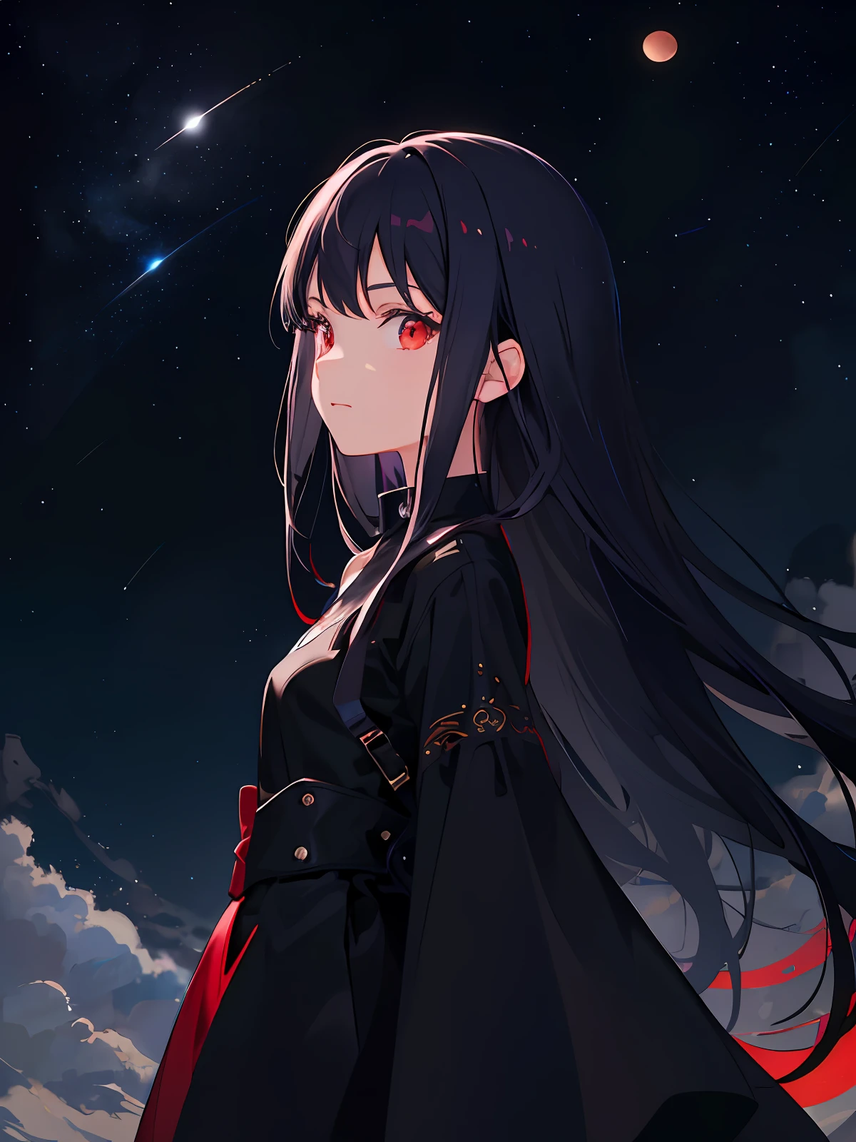 (masterpiece), (best quality), ultra high res, professional artwork, ultra detailed, intricate, detailed face, perfect lighting, 1girl, black hair, (red eyes), AKATSUKI OUTFIT, ninja, black cloak, black coat, high collar, collarbone, head, night, night sky, crescent moon, red moon, outdoors, (cowboy shot, far shot)