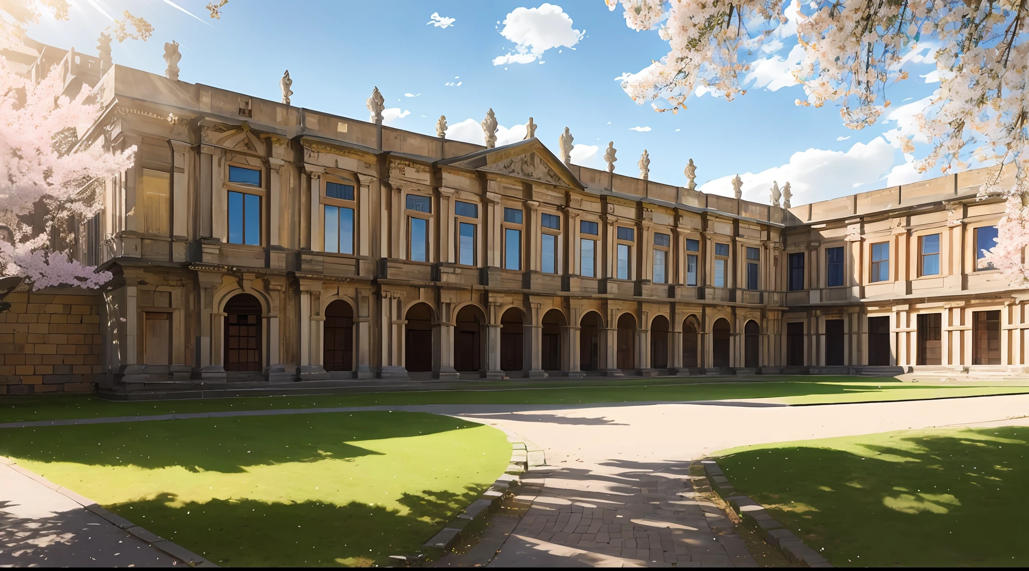 British School，Campus photography，Photographic works，Pergamon Old Town（（best qualtiy）），（（high detal）），（（Realistis，））Sunnyday，A high resolution， imagination， （Realistis）， sunny clear sky， composition， （hdr：1.5）， exteriors， Complicated details，grassy fields，blossoms，rays of sunshine