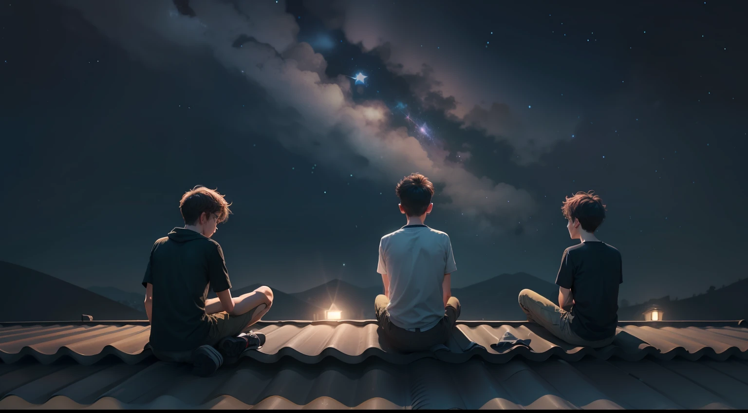 Three boys, sitting on roof, at night, and there are stars in sky.