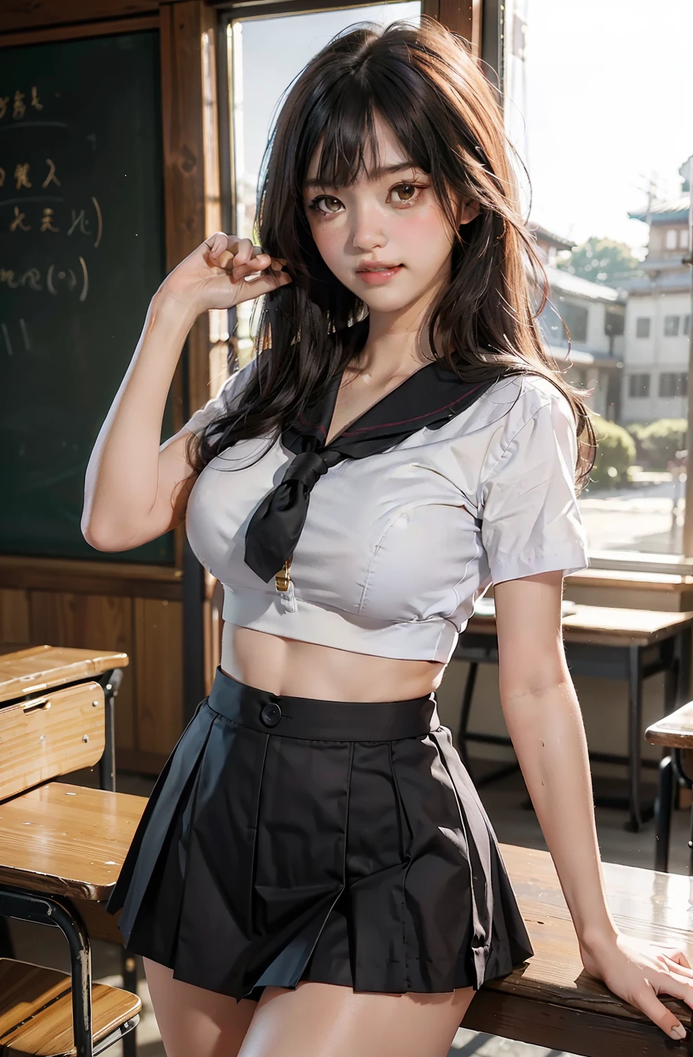 top-quality、masterpiece、超A high resolution、(Photorealsitic:1.4)、Raw photo、1人、Brown hair with bangs、drooing eyes、thin-waist、Colossal tits、Japan schoolgirl sailor suit、Black miniskirt、Inside the classroom、slim figure、Light smile with visible teeth