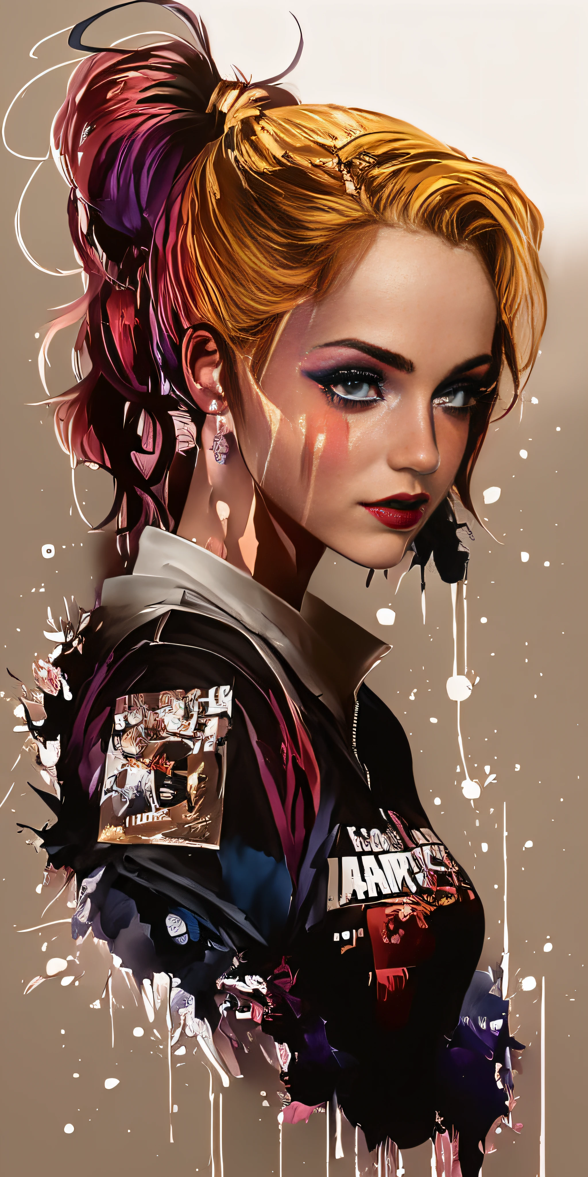 A woman with colorful hair and makeup is wearing a jacket, Retrato de Arlequina, Harley Rainha, de Arlequina, Arlequina, Emma Watson como Arlequina, vibrant fan art, emma watson is harley quinn, Harley Quinn standing, Rossdraw 2. 0, Lois Ross, trending artgerm, rossdraw desenho animado vibrante, arte colorida do filme