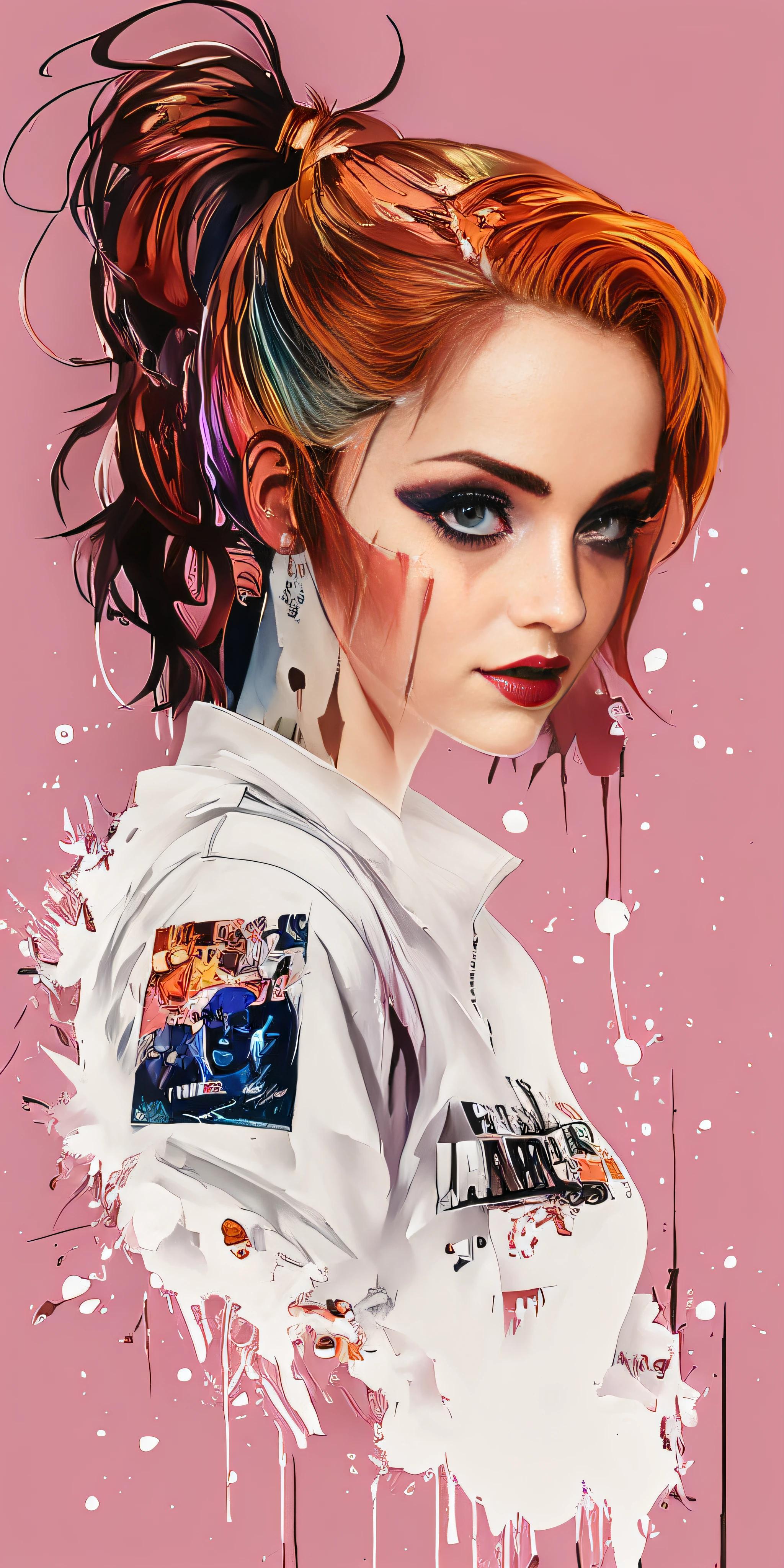A woman with colorful hair and makeup is wearing a jacket, Retrato de Arlequina, Harley Rainha, de Arlequina, Arlequina, Emma Watson como Arlequina, vibrant fan art, emma watson is harley quinn, Harley Quinn standing, Rossdraw 2. 0, Lois Ross, trending artgerm, rossdraw desenho animado vibrante, arte colorida do filme