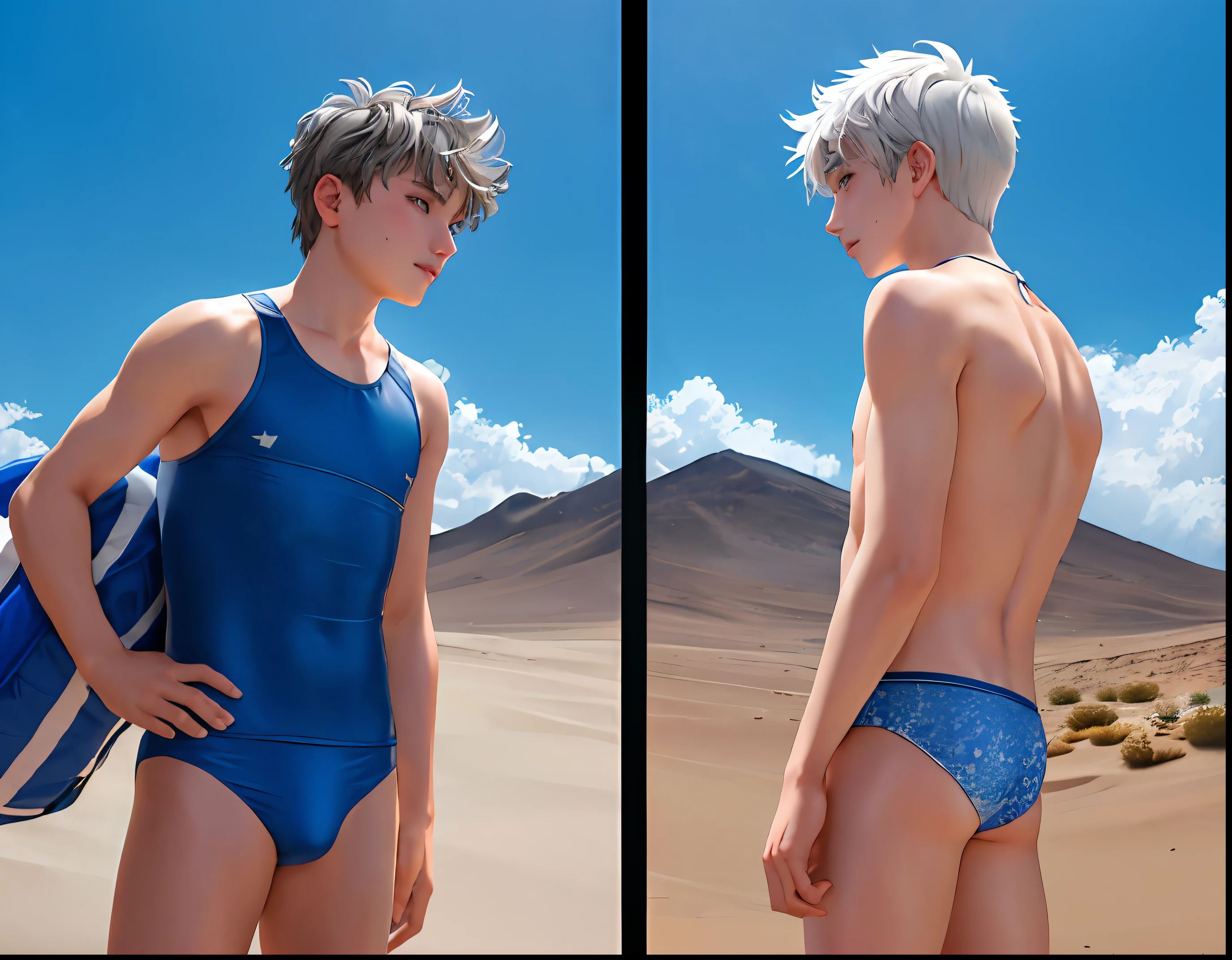 14 and , Two cute silver-haired brothers aged 14 and 15 argue in the middle of the desert in blue male swimsuit